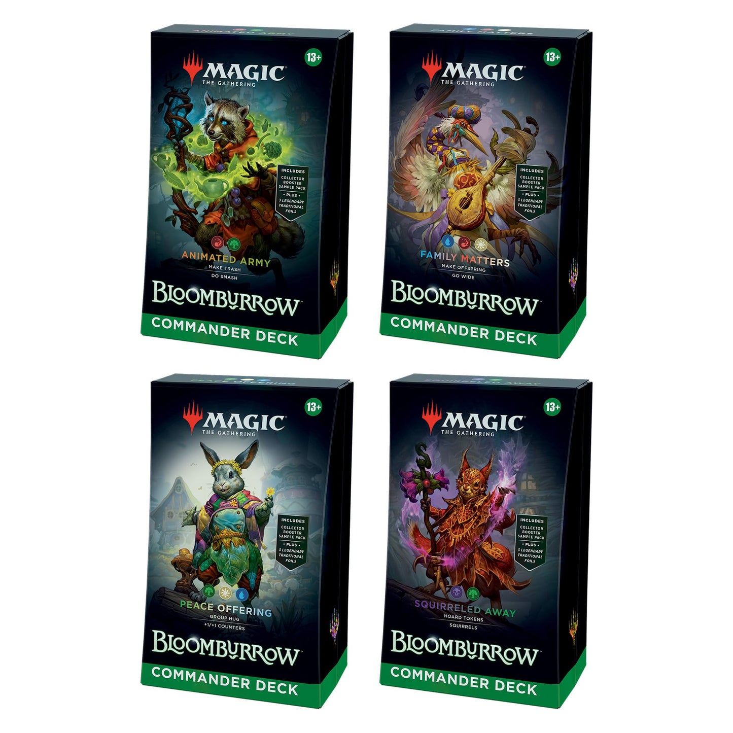 Magic: The Gathering Bloomburrow Commander Deck Bundle — Includes Animated Army, Family Matters, Peace Offering, Squirreled Away