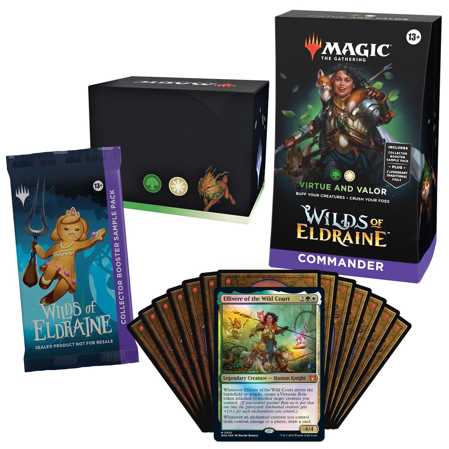 Magic: The Gathering Wilds of Eldraine — Virtue and Valor Commander Deck (100-Card Green/White) + Booster Pack & Accessories