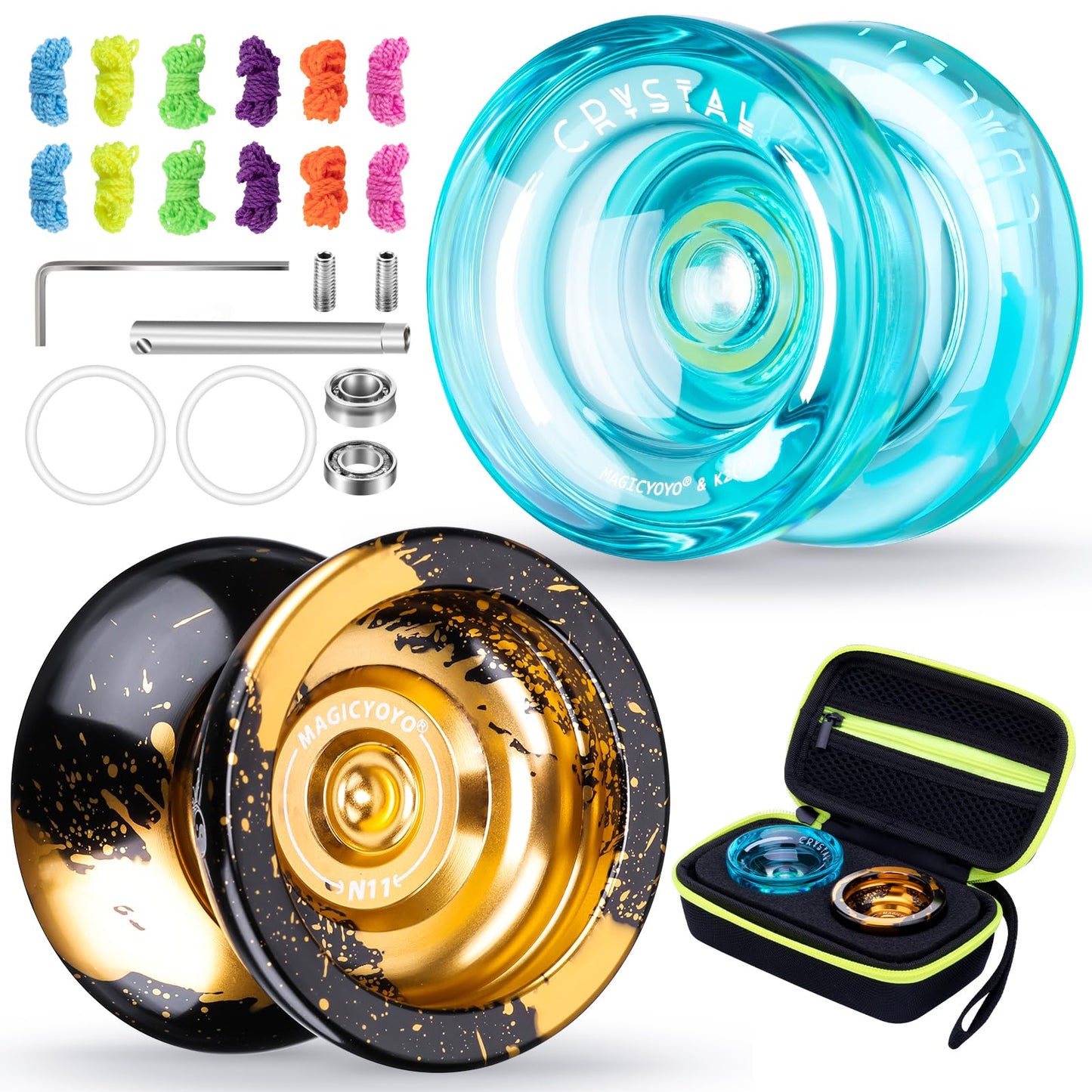 MAGICYOYO Gift Pack: N11 Unresponsive + K2 Crystal Responsive Yoyos with Case, Strings & Bearing Kit