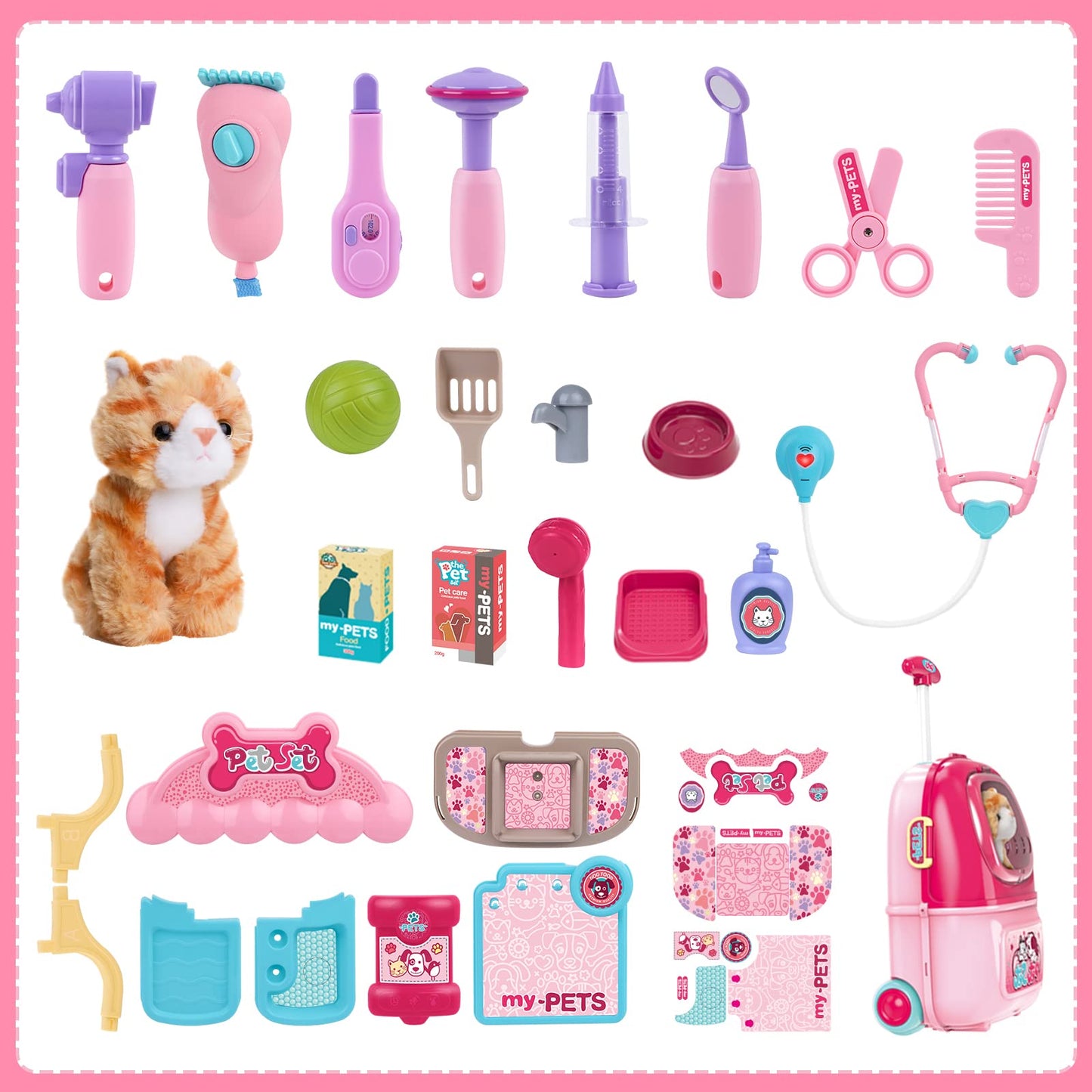 MAGIC4U Pet Cat Care Carrier & 29-Piece Vet Doctor Kit for Kids Aged 3-12