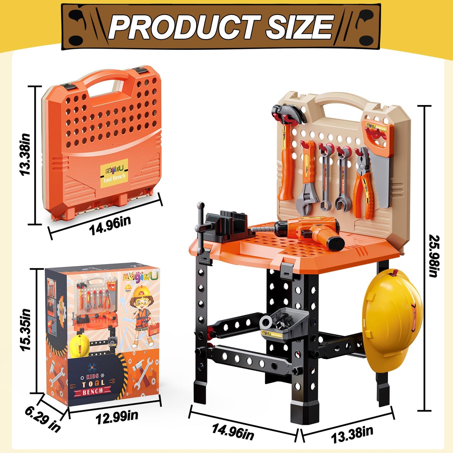 MAGIC4U 95PCS Kids Tool Bench Set – Realistic Tools, Safety Gear & Drill for Pretend Play