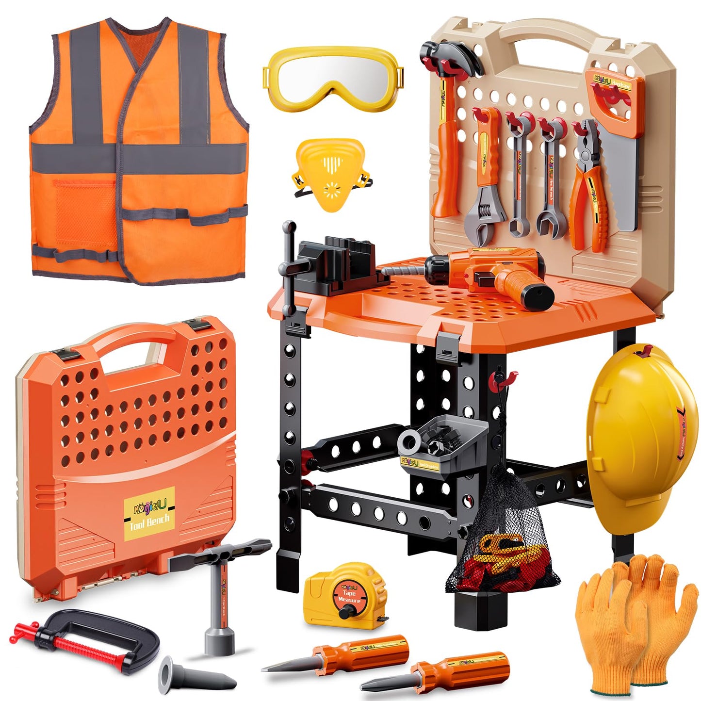 MAGIC4U 95PCS Kids Tool Bench Set – Realistic Tools, Safety Gear & Drill for Pretend Play