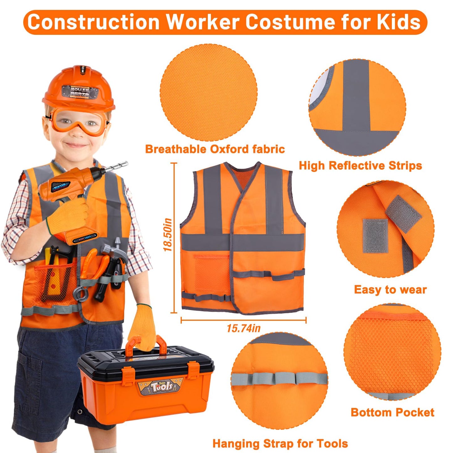 Magic4U 50PCS Kids Tool Set – Realistic Pretend Play Toolbox with Drill & Safety Gear
