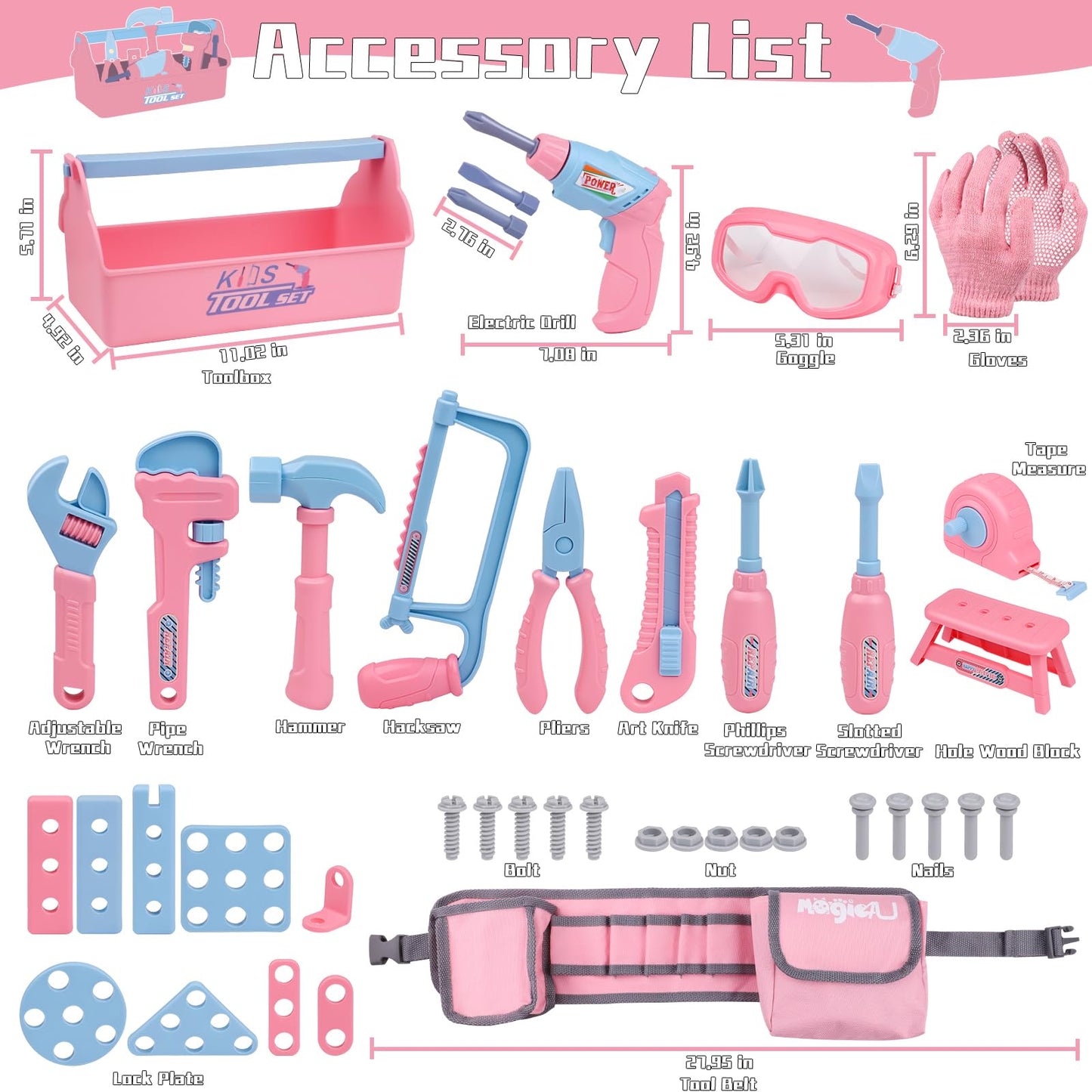 Magic4U Kids Tool Set 48Pcs – Realistic Pretend Play with Drill & Belt