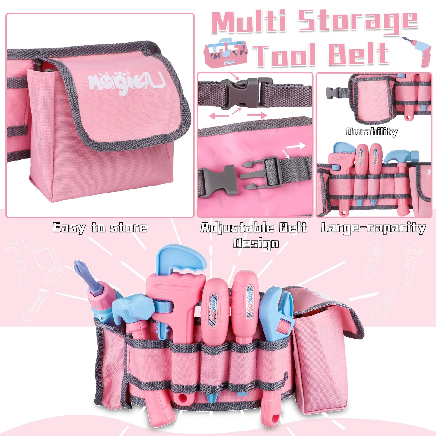 Magic4U Kids Tool Set 48Pcs – Realistic Pretend Play with Drill & Belt