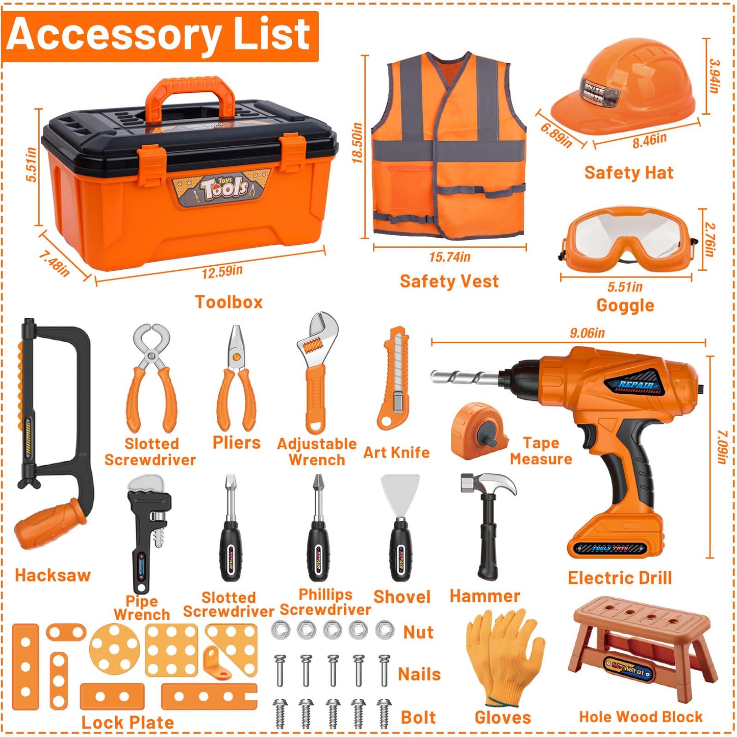 Magic4U 50PCS Kids Tool Set – Realistic Pretend Play Toolbox with Drill & Safety Gear
