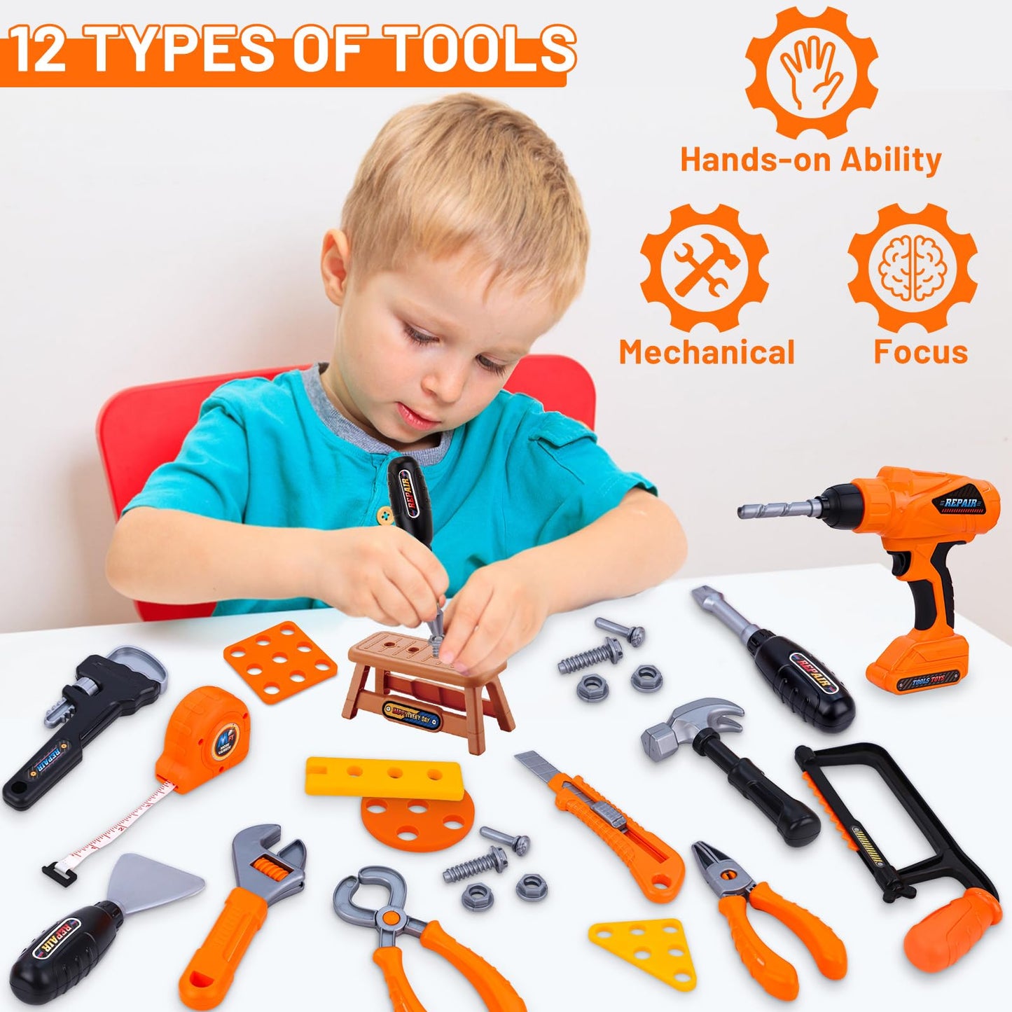 Magic4U 50PCS Kids Tool Set – Realistic Pretend Play Toolbox with Drill & Safety Gear
