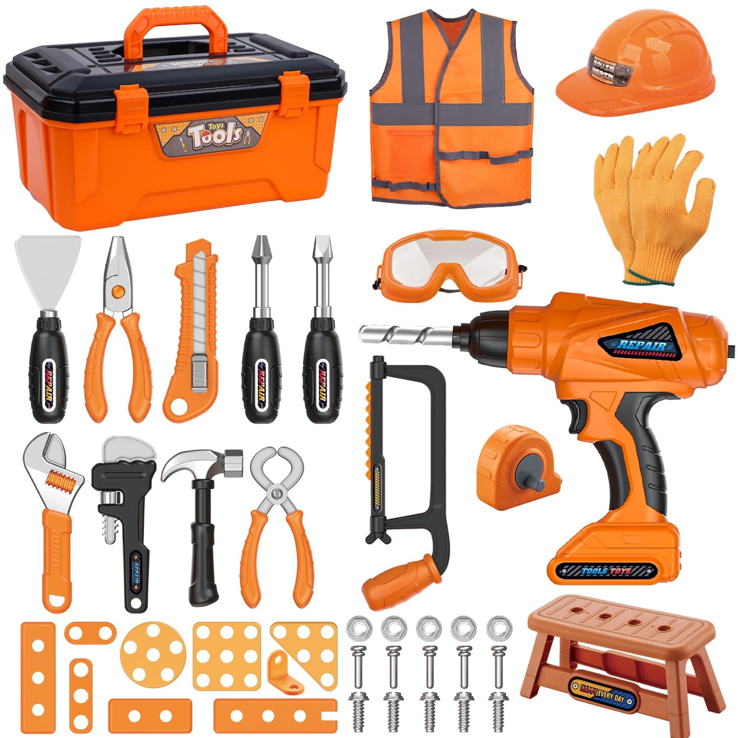 Magic4U 50PCS Kids Tool Set – Realistic Pretend Play Toolbox with Drill & Safety Gear