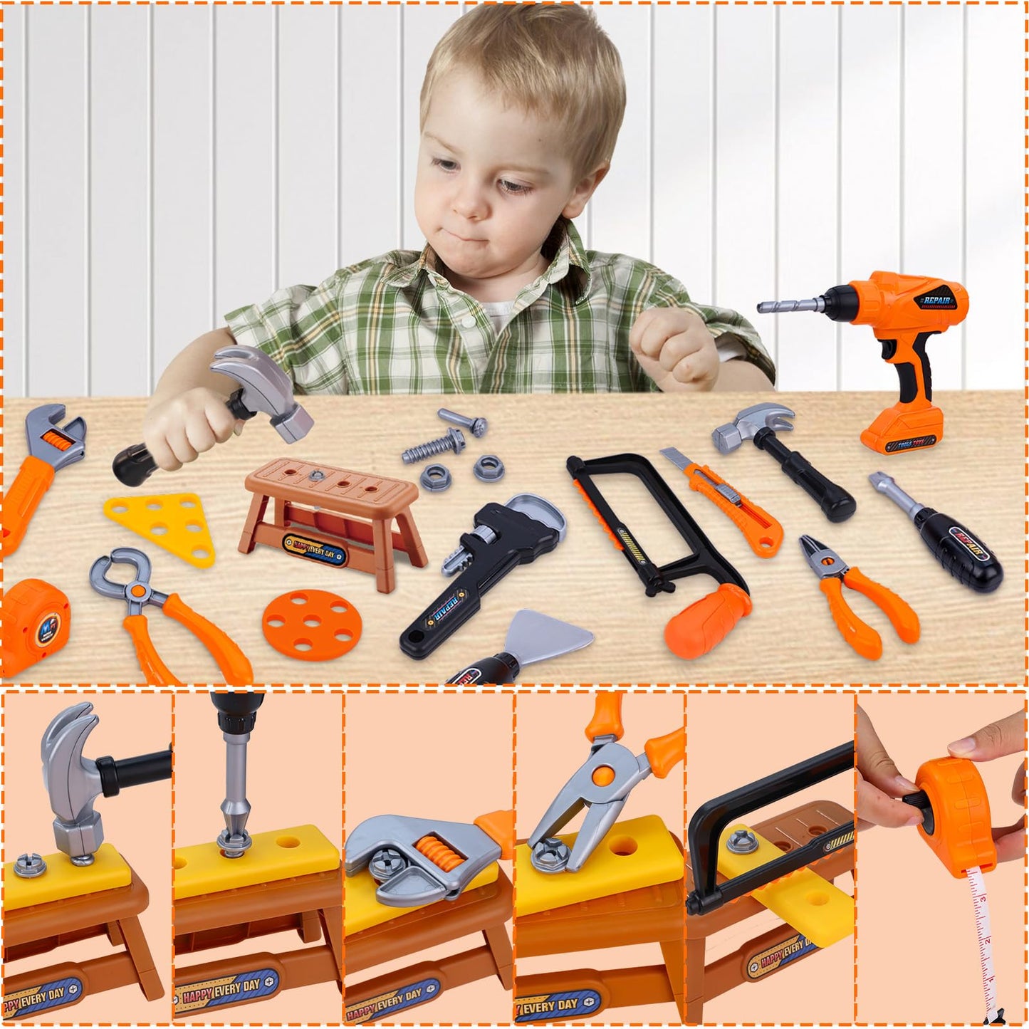 Magic4U 50PCS Kids Tool Set – Realistic Pretend Play Toolbox with Drill & Safety Gear