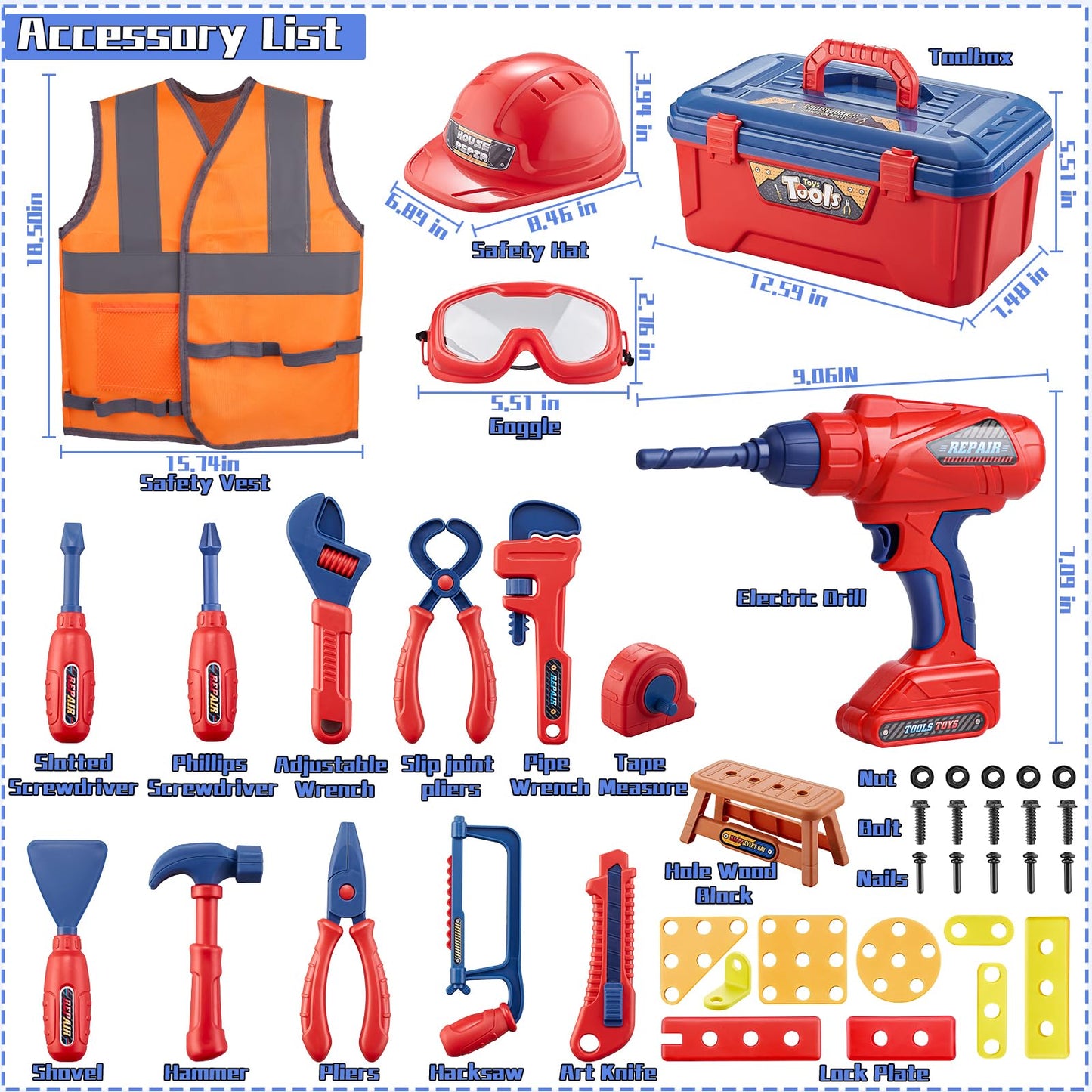 Magic4U Kids Tool Set 49PCS — Realistic Pretend Play Kit for Ages 3-8
