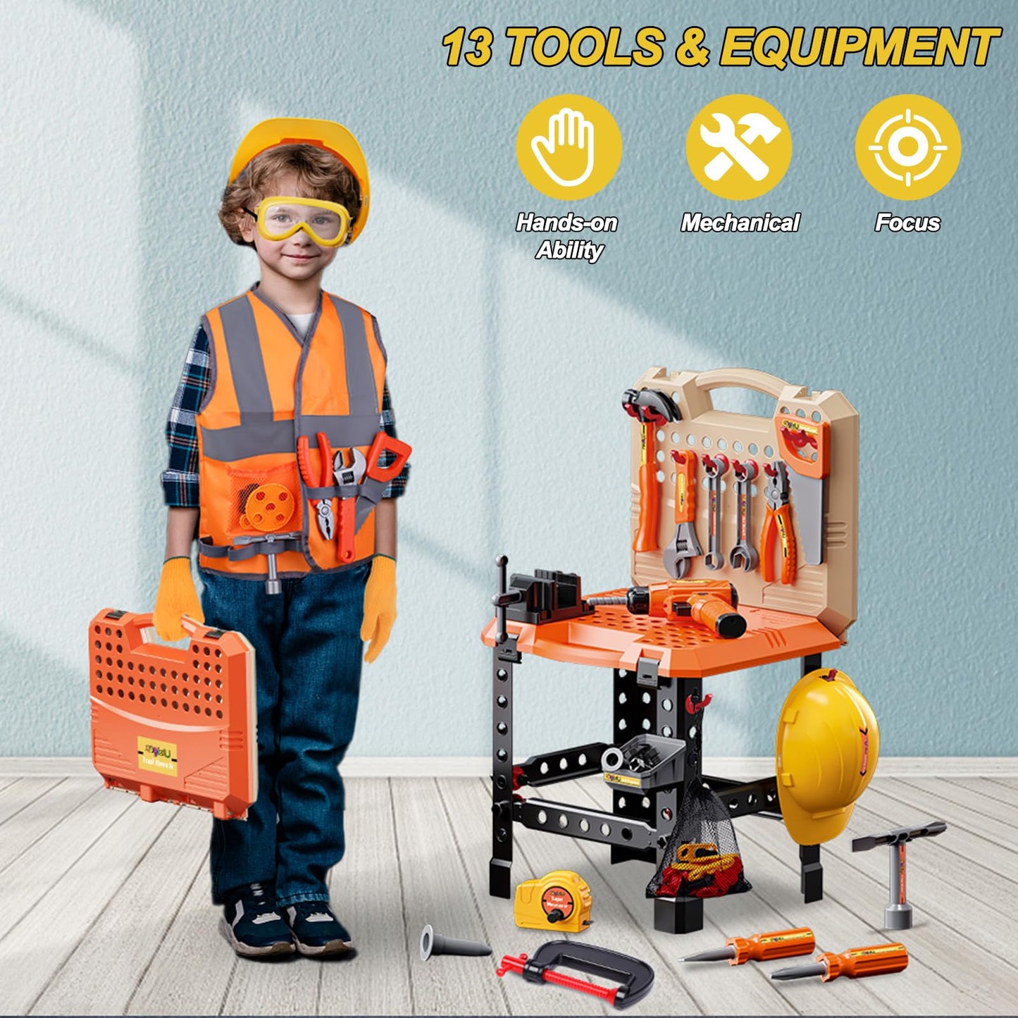 MAGIC4U 95PCS Kids Tool Bench Set – Realistic Tools, Safety Gear & Drill for Pretend Play