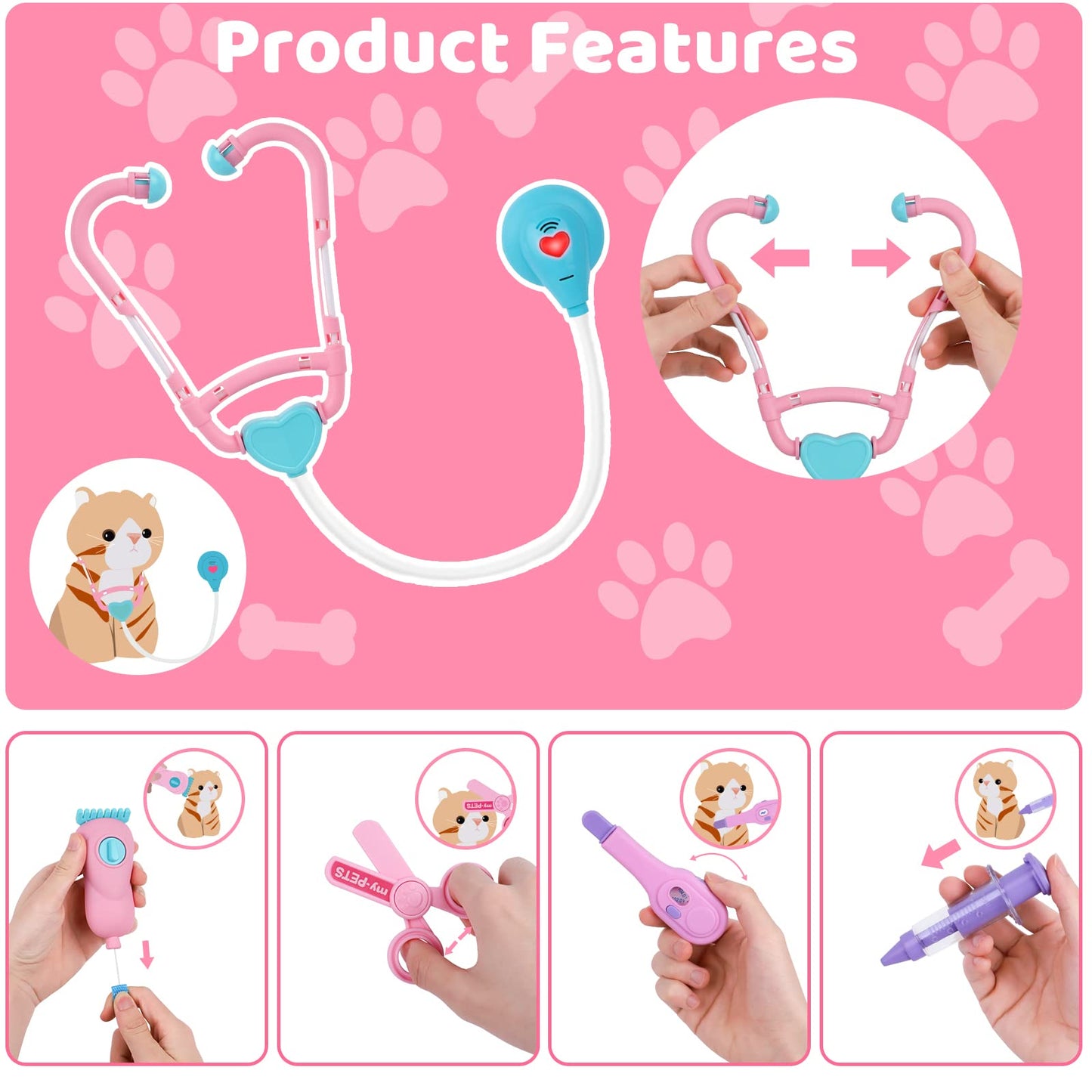 MAGIC4U Pet Cat Care Carrier & 29-Piece Vet Doctor Kit for Kids Aged 3-12
