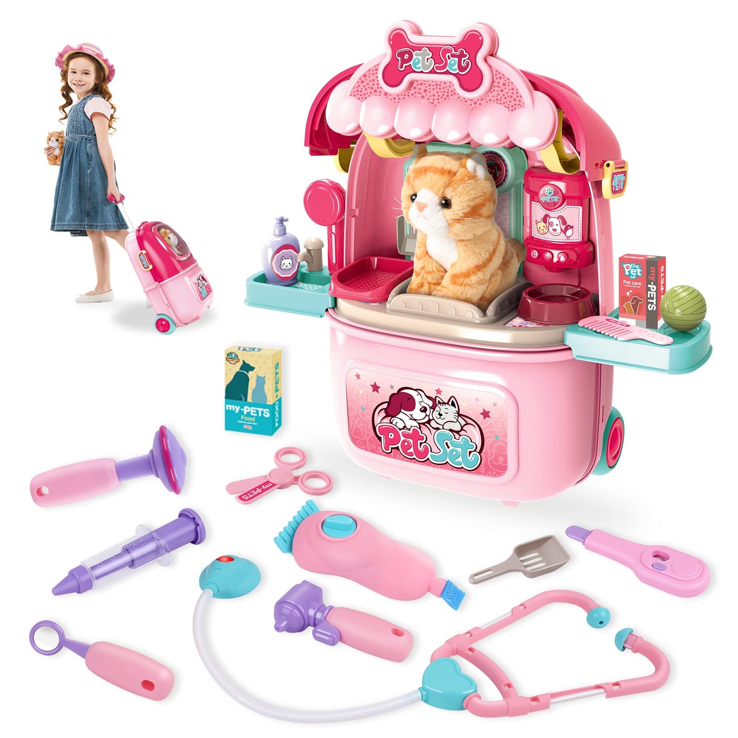 MAGIC4U Pet Cat Care Carrier & 29-Piece Vet Doctor Kit for Kids Aged 3-12
