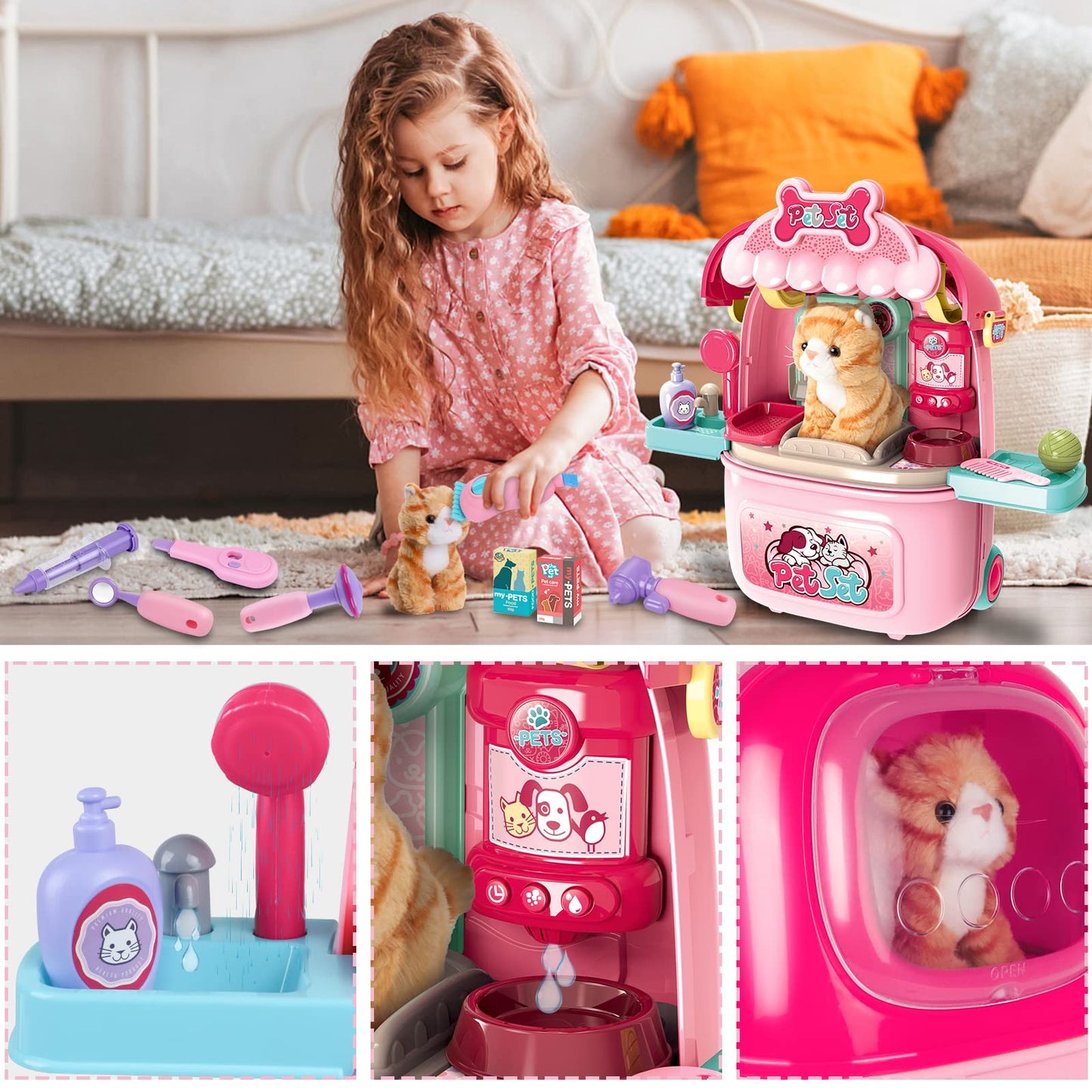 MAGIC4U Pet Cat Care Carrier & 29-Piece Vet Doctor Kit for Kids Aged 3-12