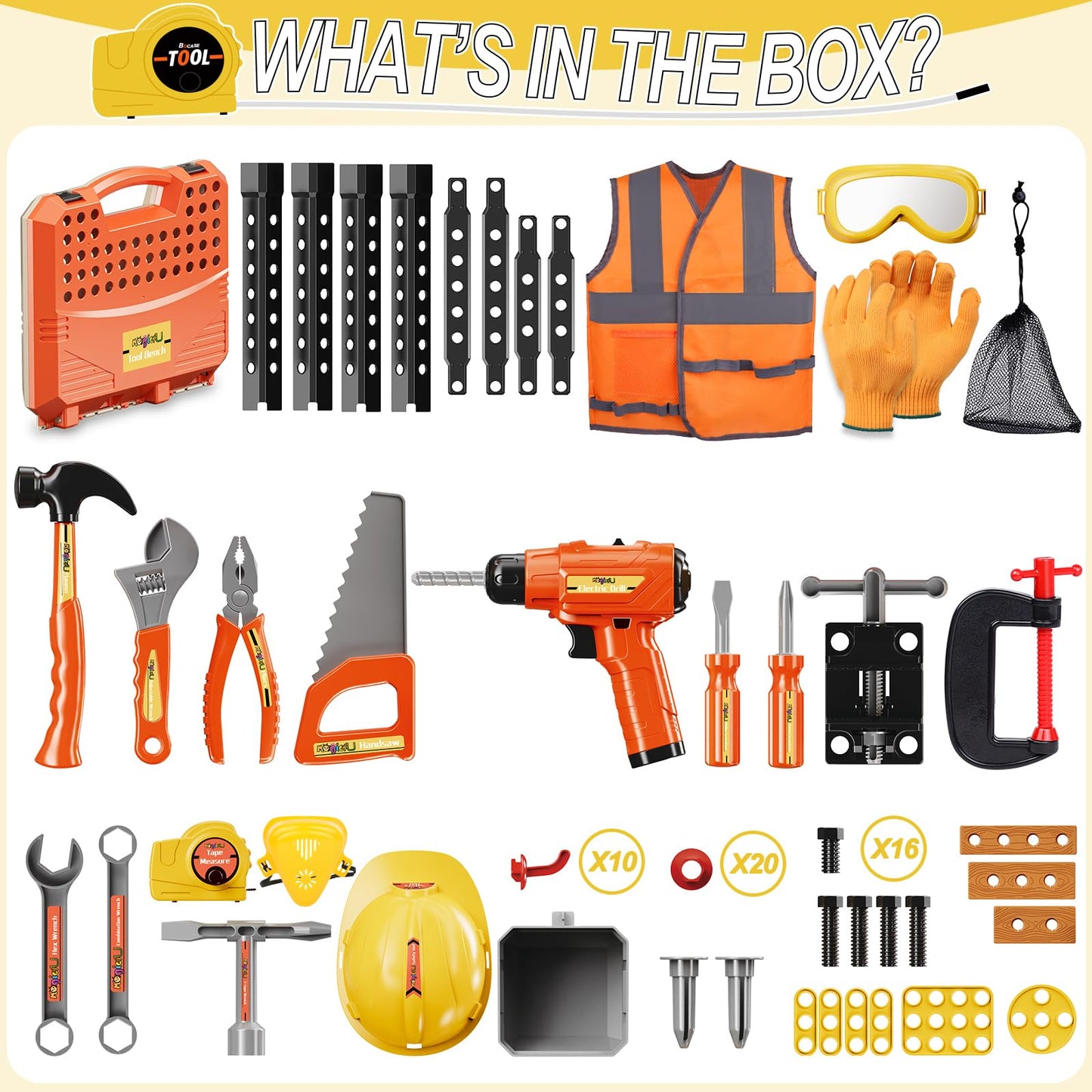 MAGIC4U 95PCS Kids Tool Bench Set – Realistic Tools, Safety Gear & Drill for Pretend Play