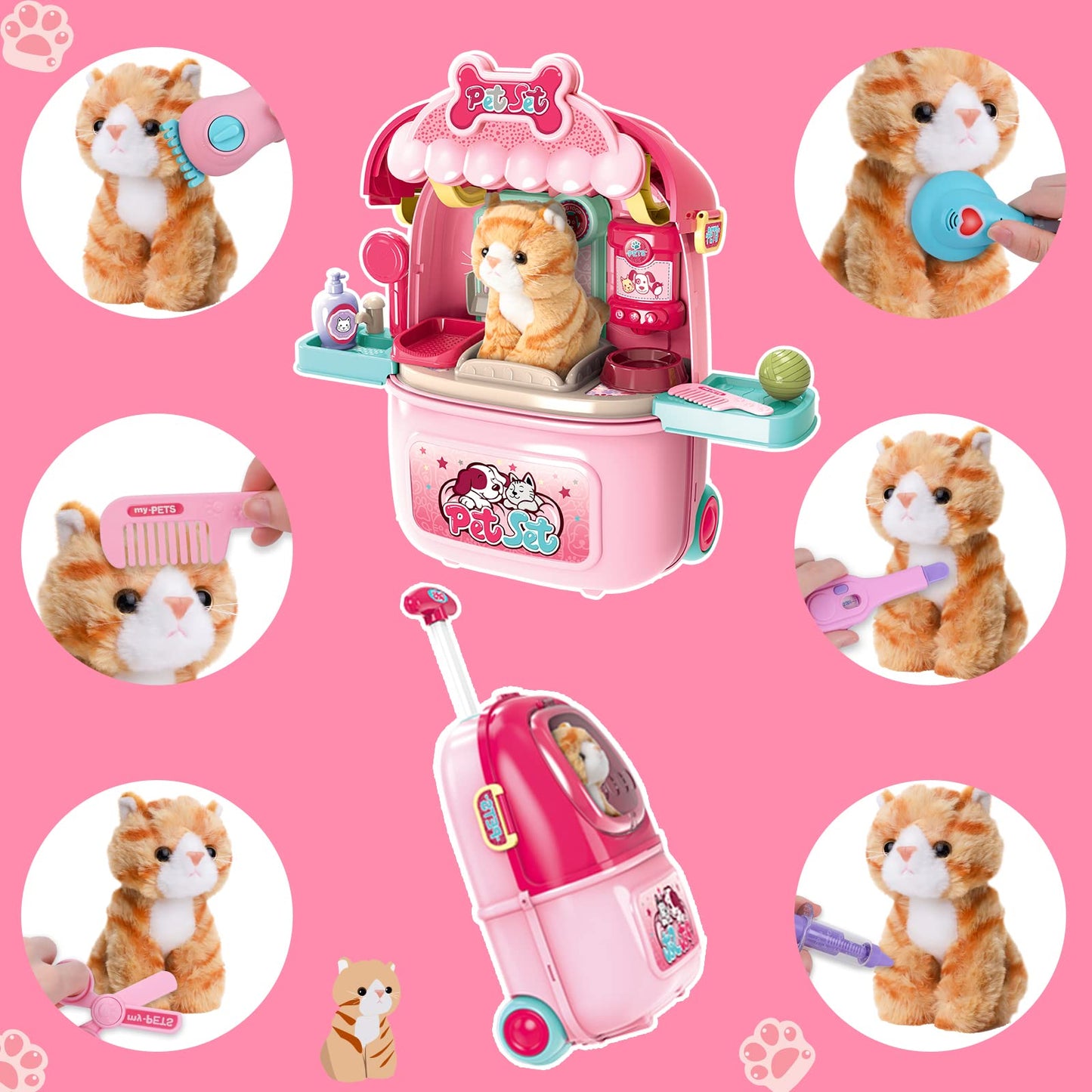 MAGIC4U Pet Cat Care Carrier & 29-Piece Vet Doctor Kit for Kids Aged 3-12
