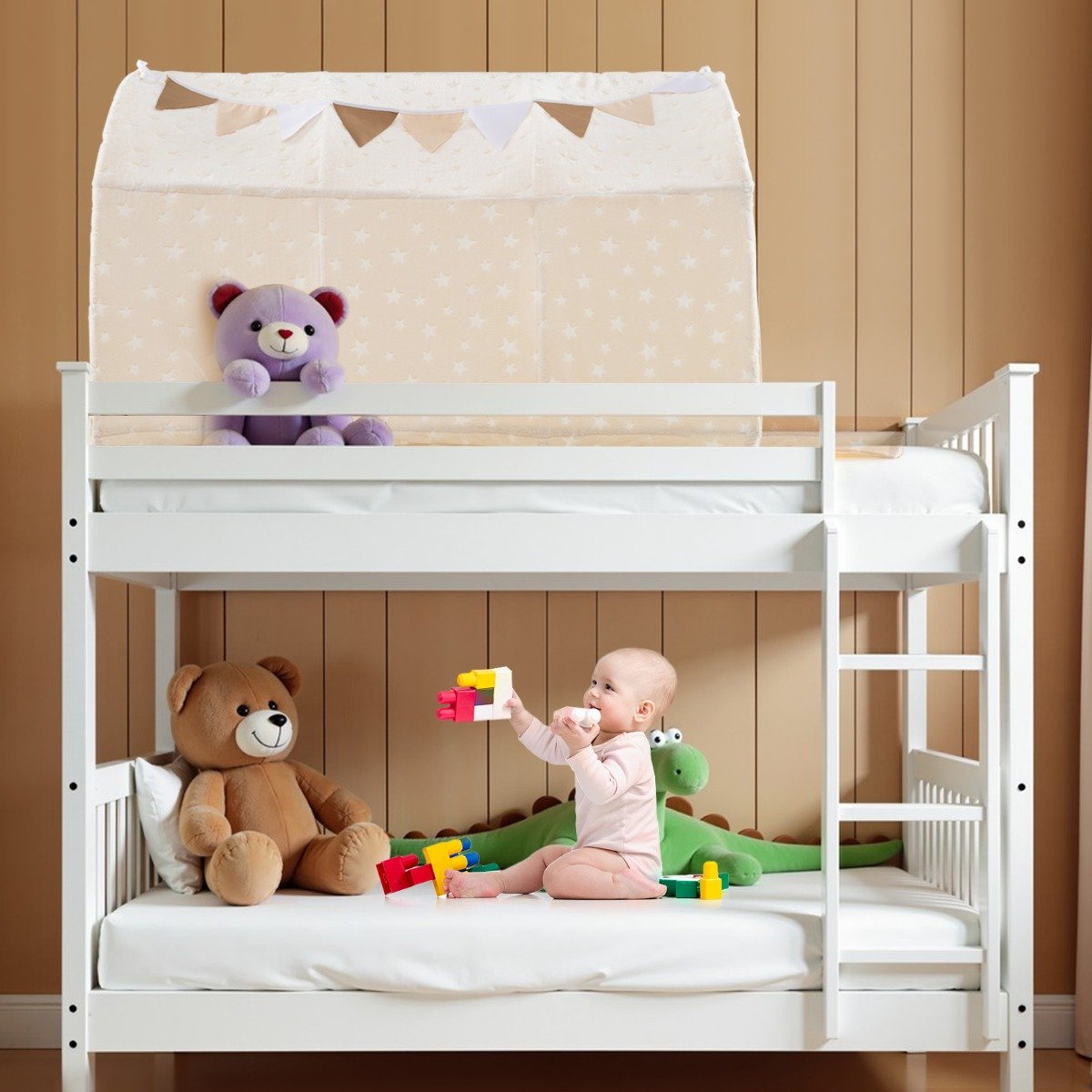 Magical Twin Bunk Bed Privacy Space with Glow in the Dark Stars-Beige