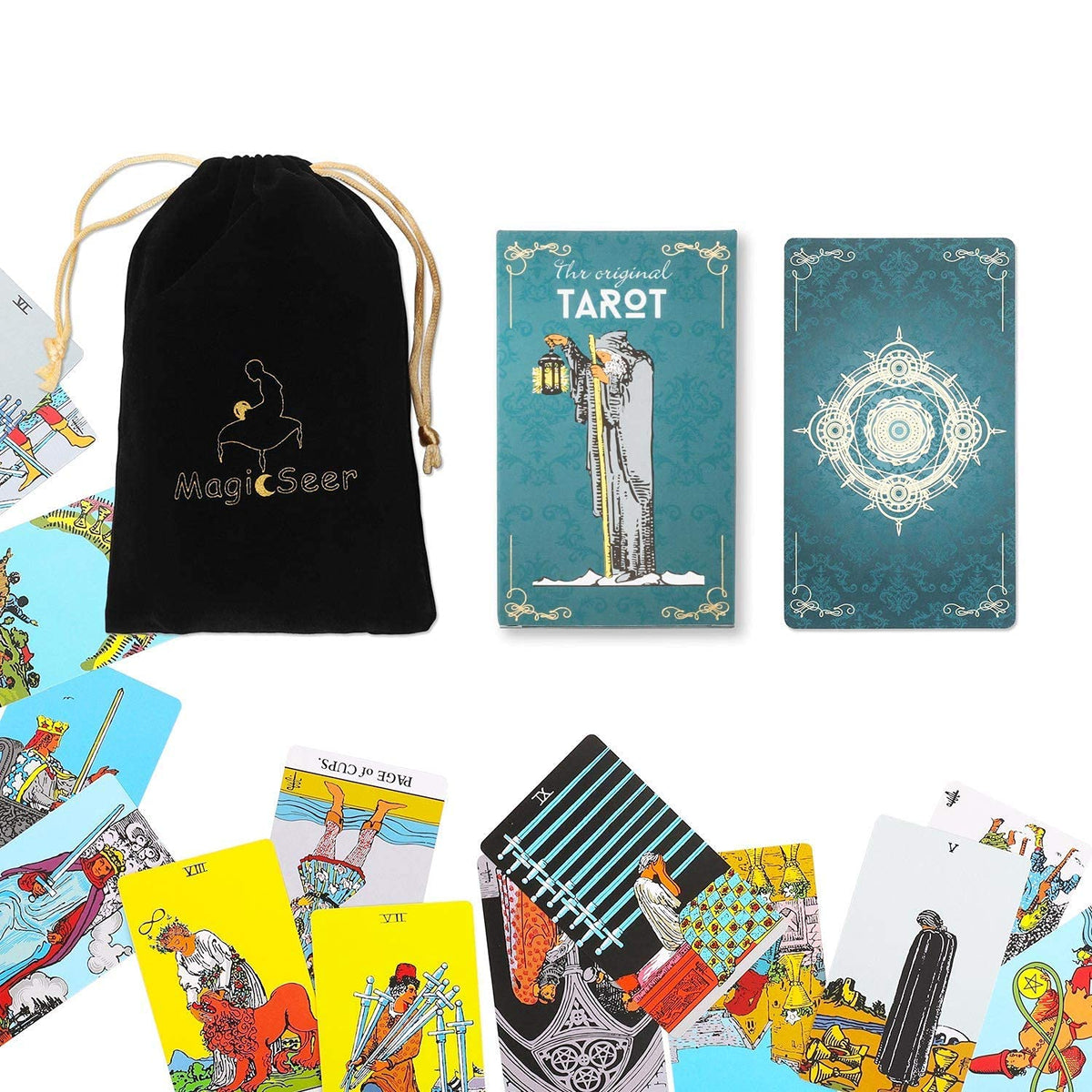 MagicSeer Tarot Cards – 78-Pc Borderless Deck, Premium Ink, Velvet Bag