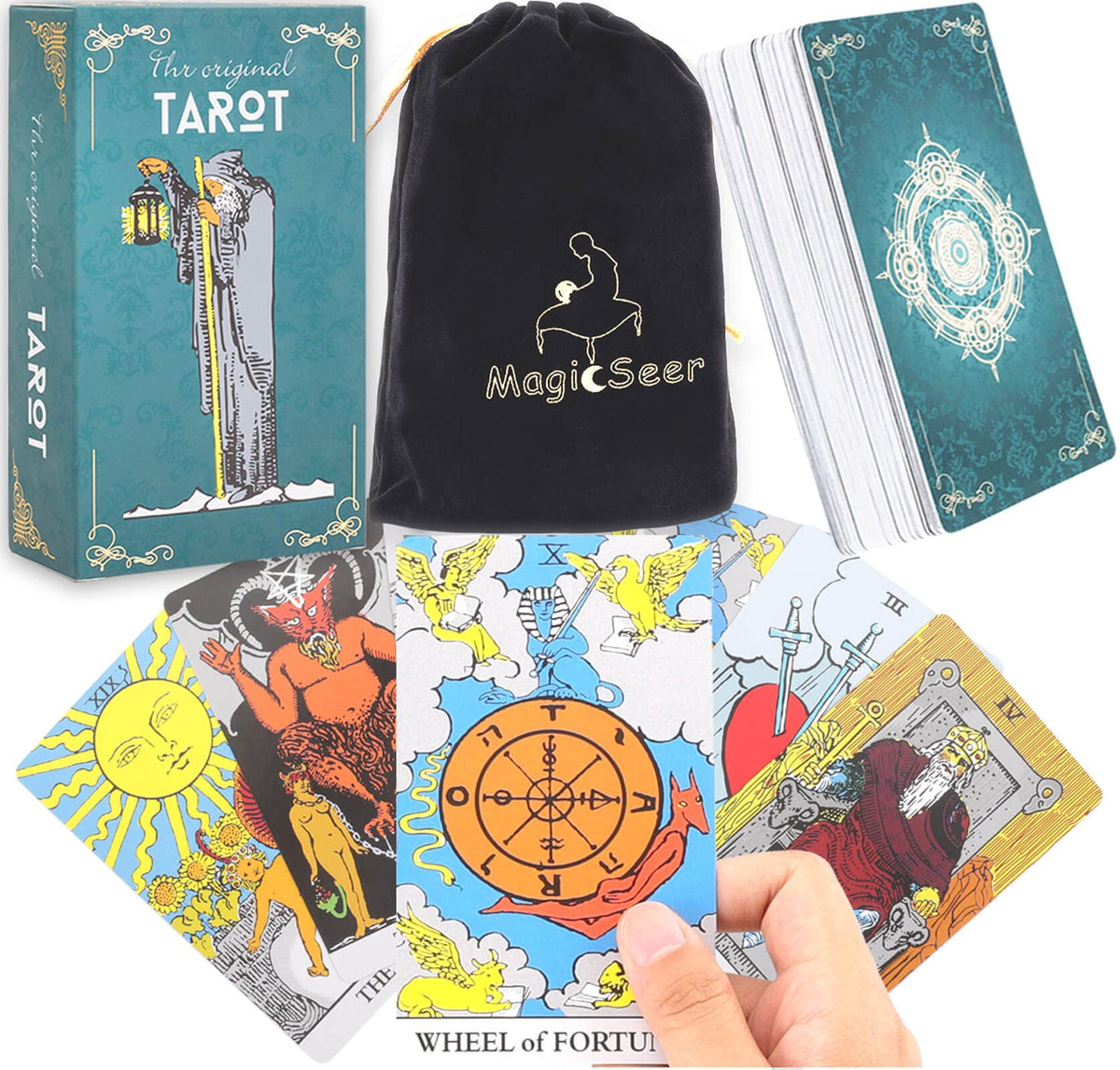 MagicSeer Tarot Cards – 78-Pc Borderless Deck, Premium Ink, Velvet Bag