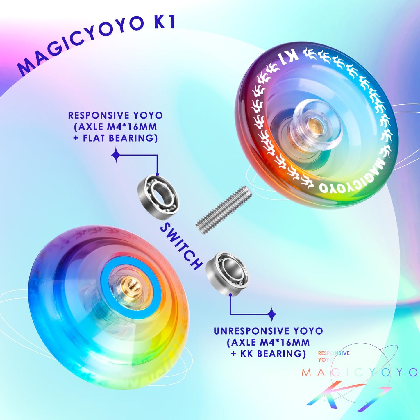 MAGICYOYO K1-Plus - Responsive Beginner YoYo Kit with Bag, 12 Strings & Glove (Blue/Pink/Yellow)