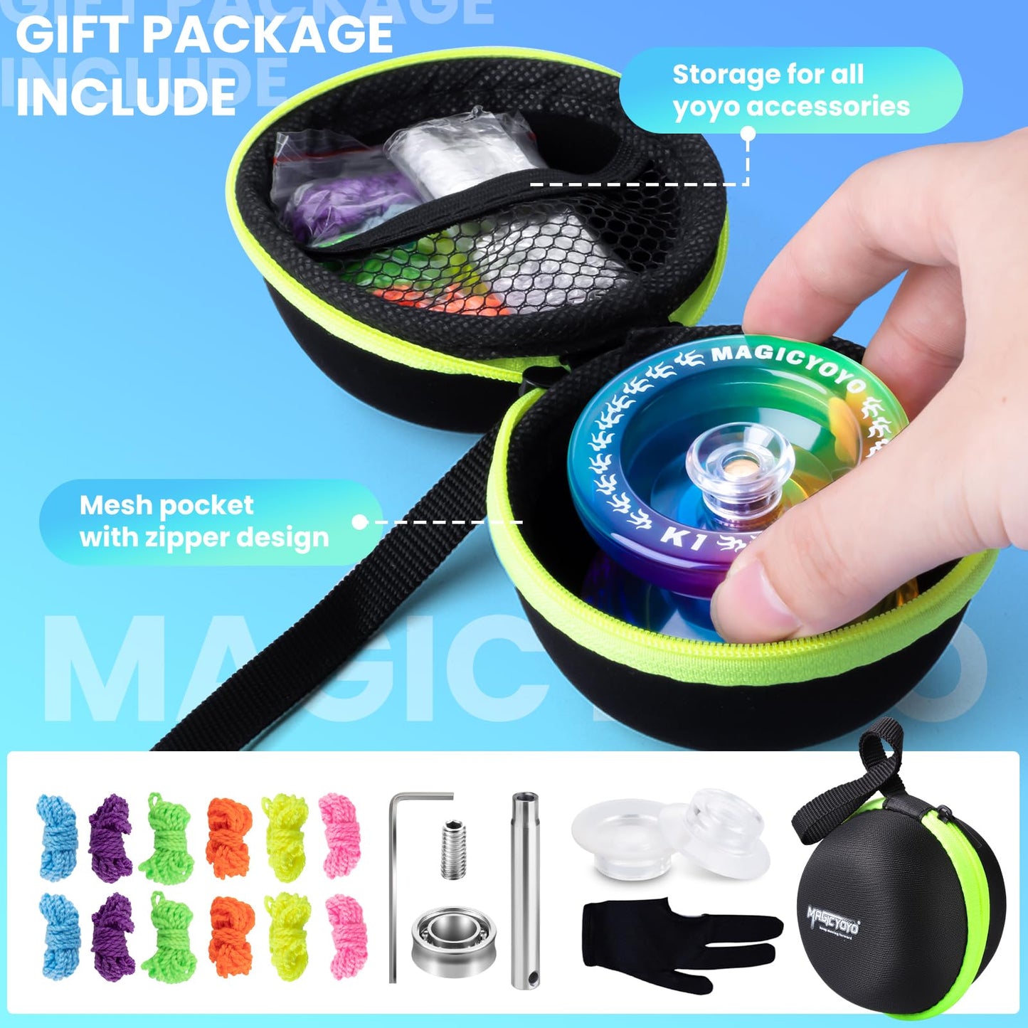 MAGICYOYO K1-Plus - Responsive Beginner YoYo Kit with Bag, 12 Strings & Glove (Blue/Pink/Yellow)
