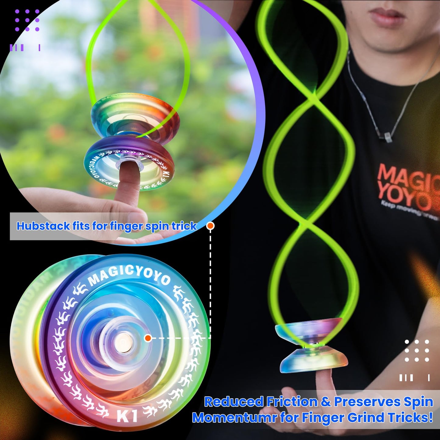 MAGICYOYO K1-Plus - Responsive Beginner YoYo Kit with Bag, 12 Strings & Glove (Blue/Pink/Yellow)
