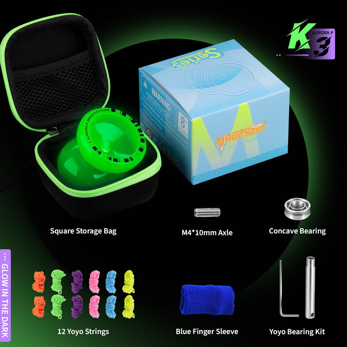 MAGICYOYO K3 Aurora-P Glow-in-The-Dark Pro Yo-Yo – Responsive/Unresponsive, 12 Strings & Accessories (Glow Green)