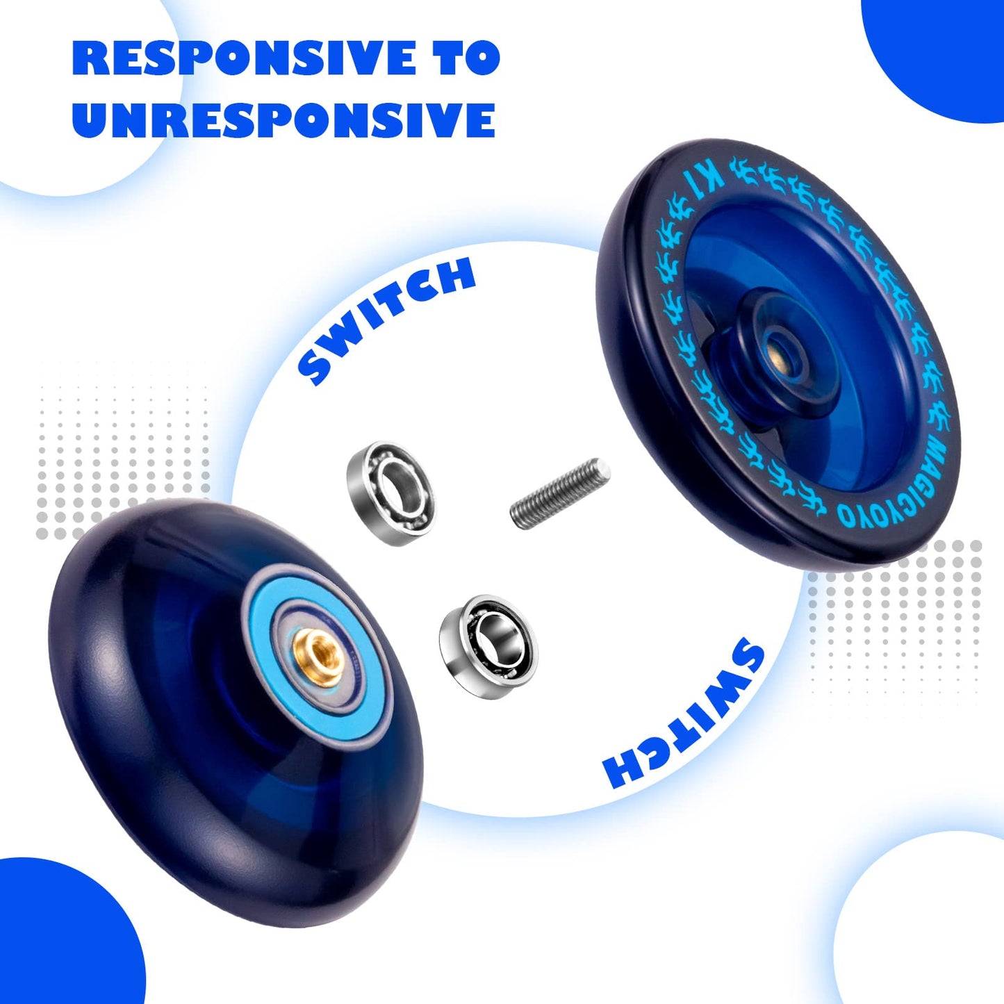 MAGICYOYO Responsive Yoyos for Kids: V3 Black + K1 Blue 2-Pack with Case & Accessories