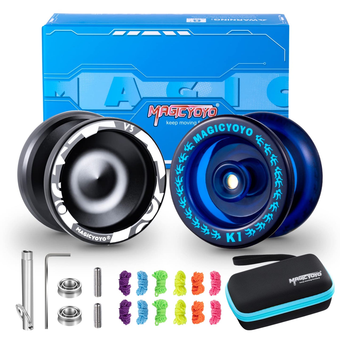 MAGICYOYO Responsive Yoyos for Kids: V3 Black + K1 Blue 2-Pack with Case & Accessories