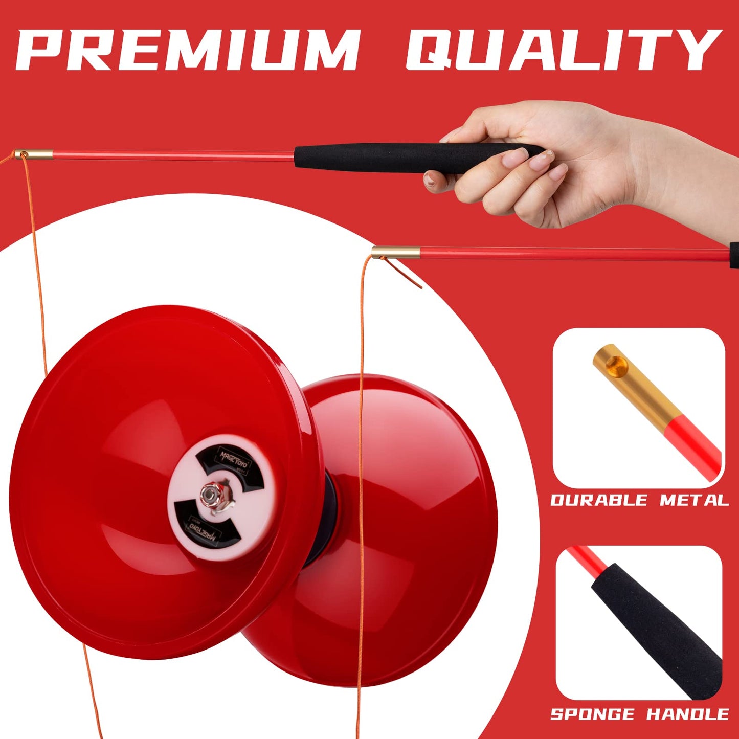 MAGICYOYO Diabolo Pro Triple Bearing – High-Performance Red 5'' Yoyo with Carbon Sticks & Bag