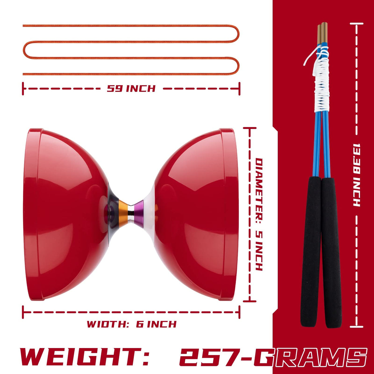 MAGICYOYO Diabolo Pro Triple Bearing – High-Performance Red 5'' Yoyo with Carbon Sticks & Bag