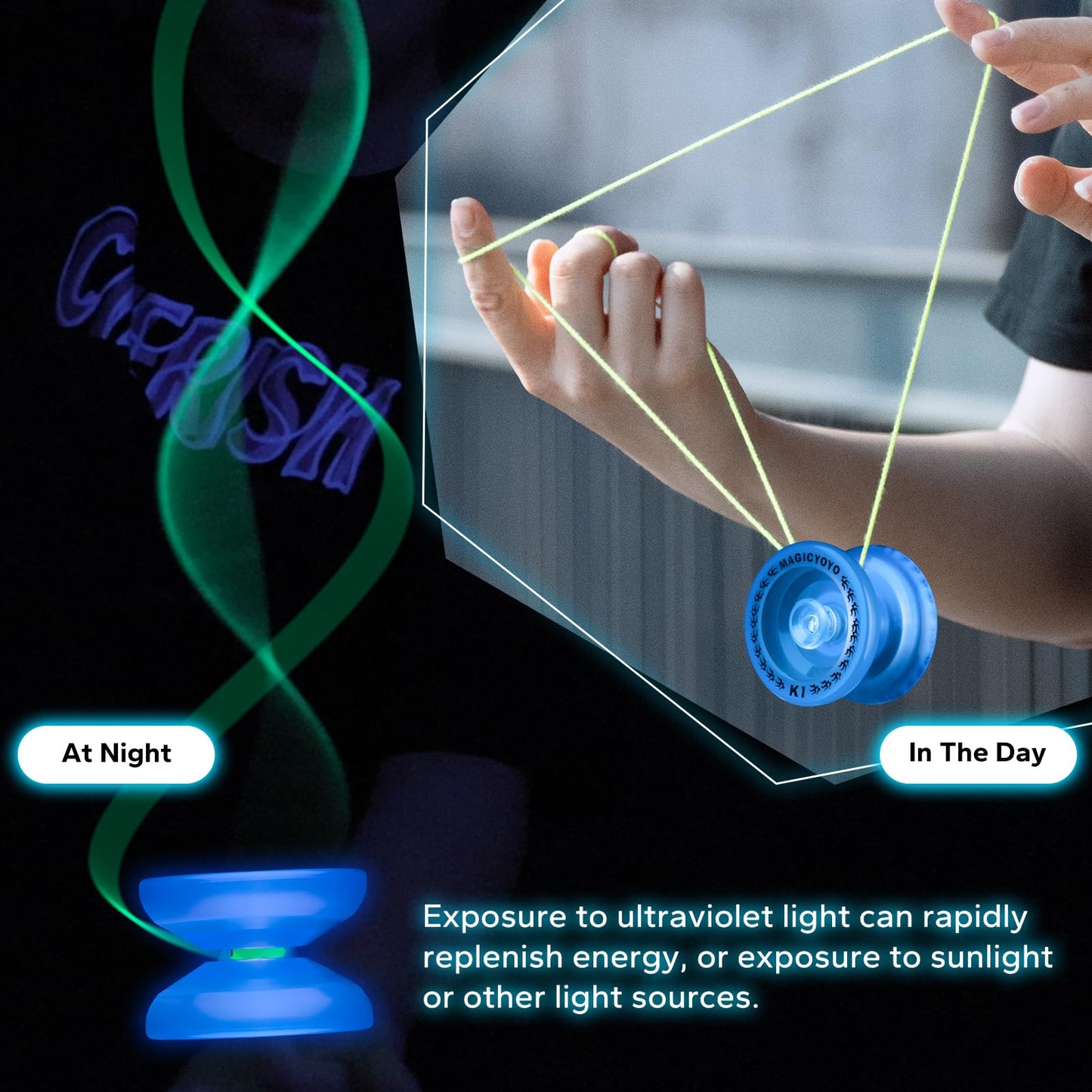 MagicYoyo K1 Glow-in-the-Dark Yoyo – Beginner Responsive Yo-Yo with Finger Spin Hubs (Glow Blue)