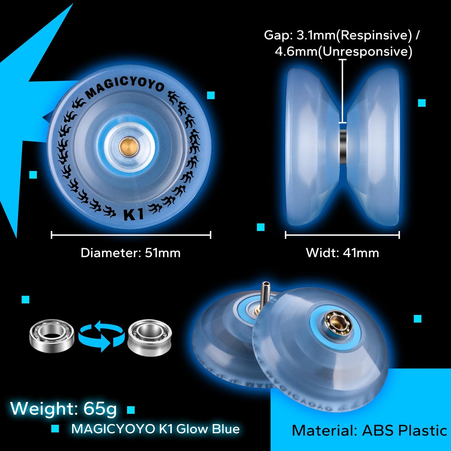 MagicYoyo K1 Glow-in-the-Dark Yoyo – Beginner Responsive Yo-Yo with Finger Spin Hubs (Glow Blue)