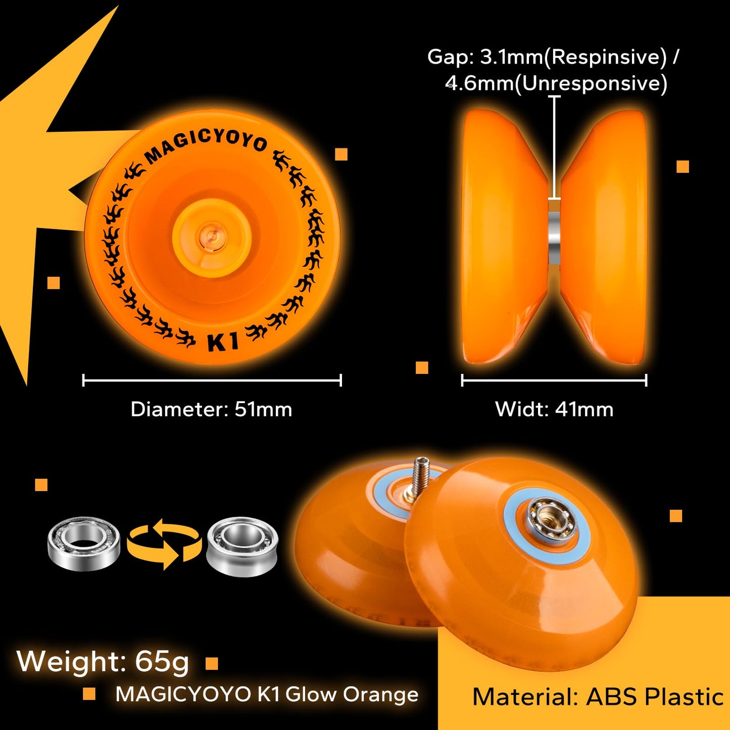 MAGICYOYO K1 Plus Glow Orange Yoyo – Beginner Responsive with Hubstacks