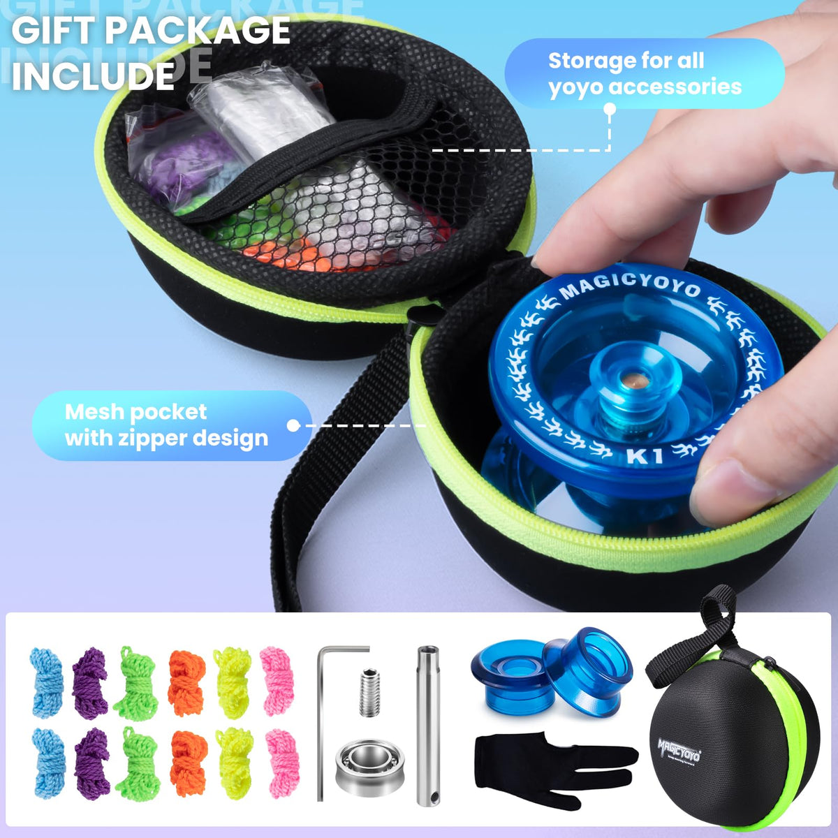 MAGICYOYO K1 Responsive Yoyo with Hubstacks - Beginner Friendly Crystal Blue Gift Pack