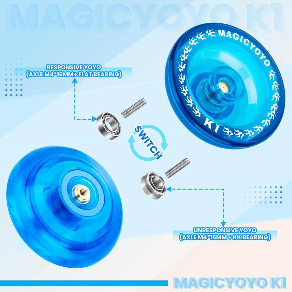 MAGICYOYO K1 Responsive Yoyo with Hubstacks - Beginner Friendly Crystal Blue Gift Pack