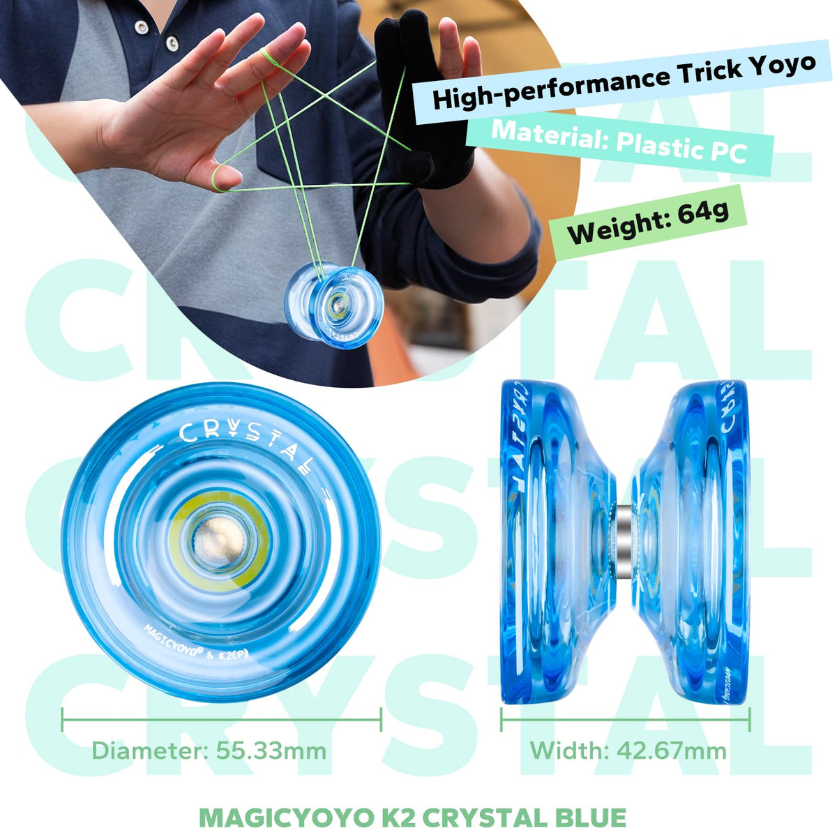 MAGICYOYO K2 Crystal Blue Yoyo – Durable Beginner PC Yoyo with Finger Spin
