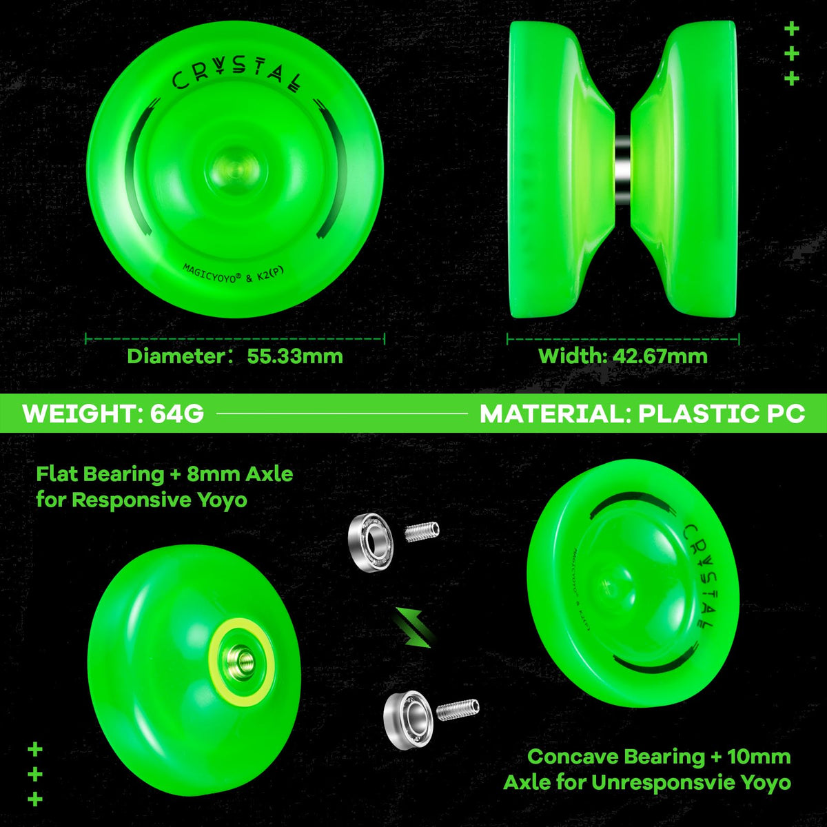 MAGICYOYO K2 Glow Green Yoyo – Glow-in-the-Dark, Responsive & Unresponsive, 12 Strings Kit