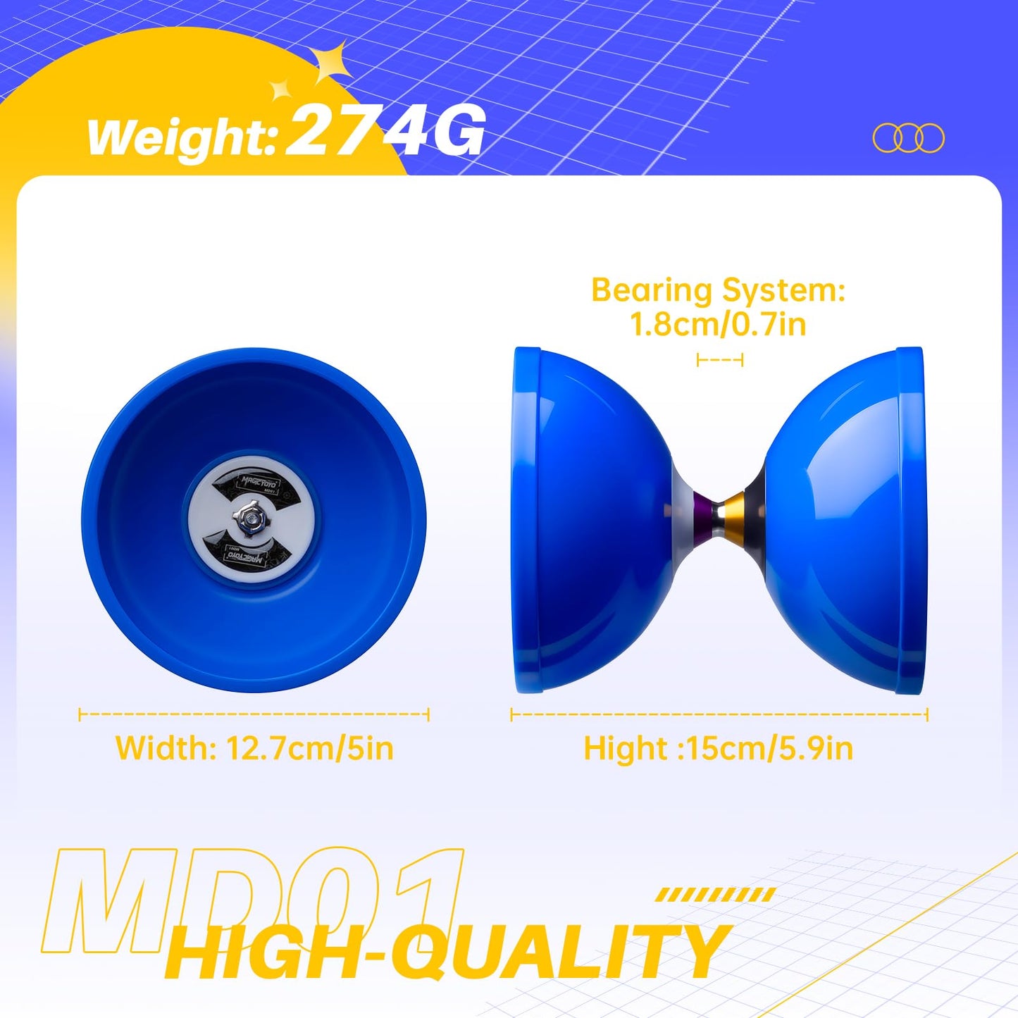 MAGICYOYO Pro Triple Bearing Diabolo - Blue 5-inch with Carbon Sticks, Extra Strings & Net Bag