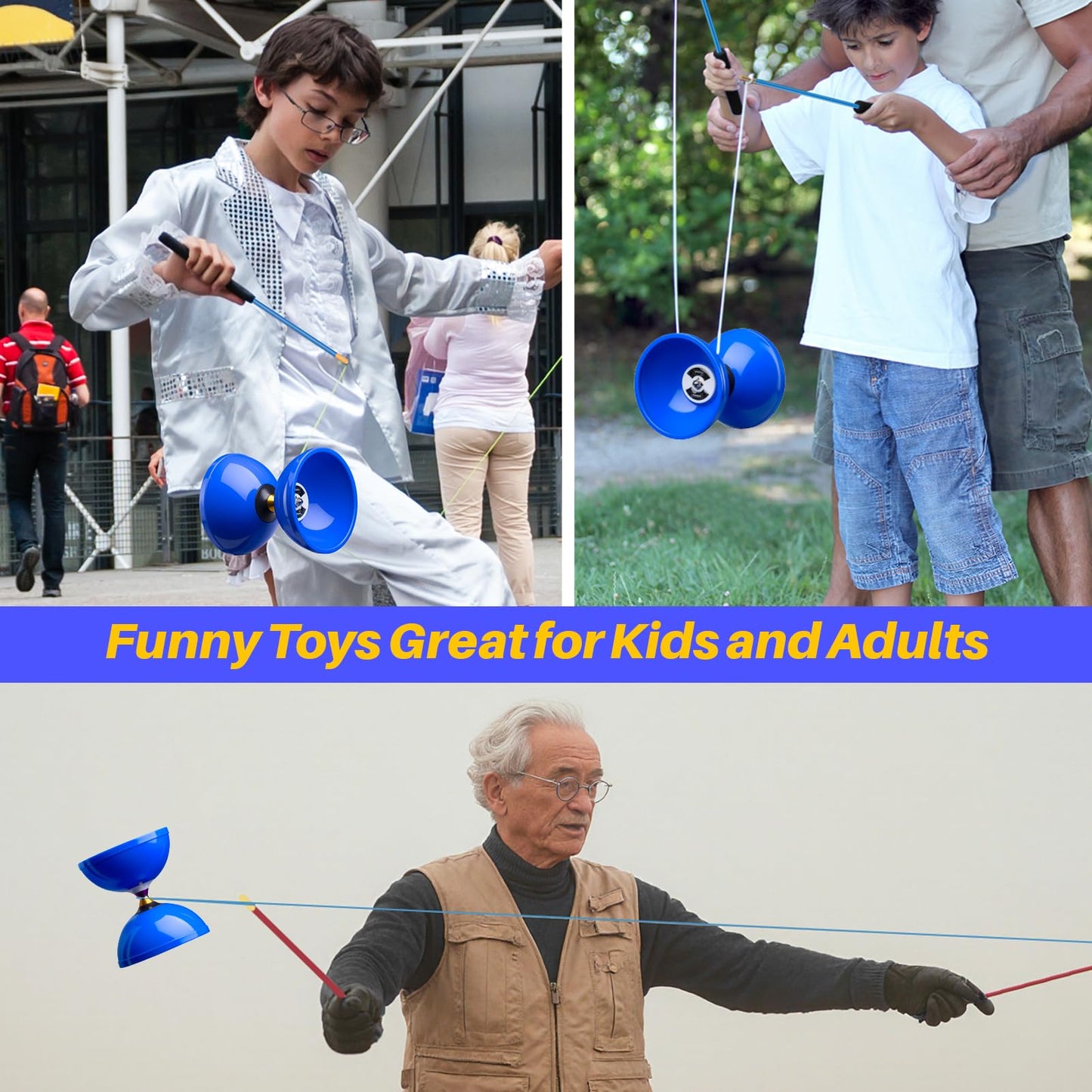 MAGICYOYO Pro Triple Bearing Diabolo - Blue 5-inch with Carbon Sticks, Extra Strings & Net Bag