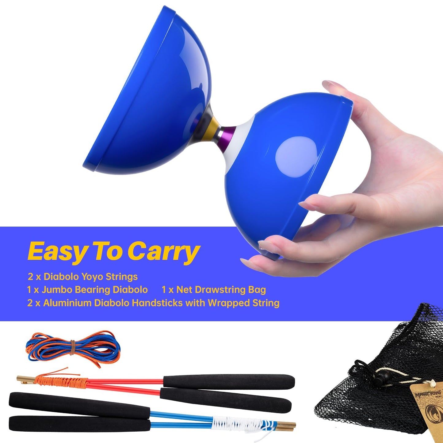 MAGICYOYO Pro Triple Bearing Diabolo - Blue 5-inch with Carbon Sticks, Extra Strings & Net Bag