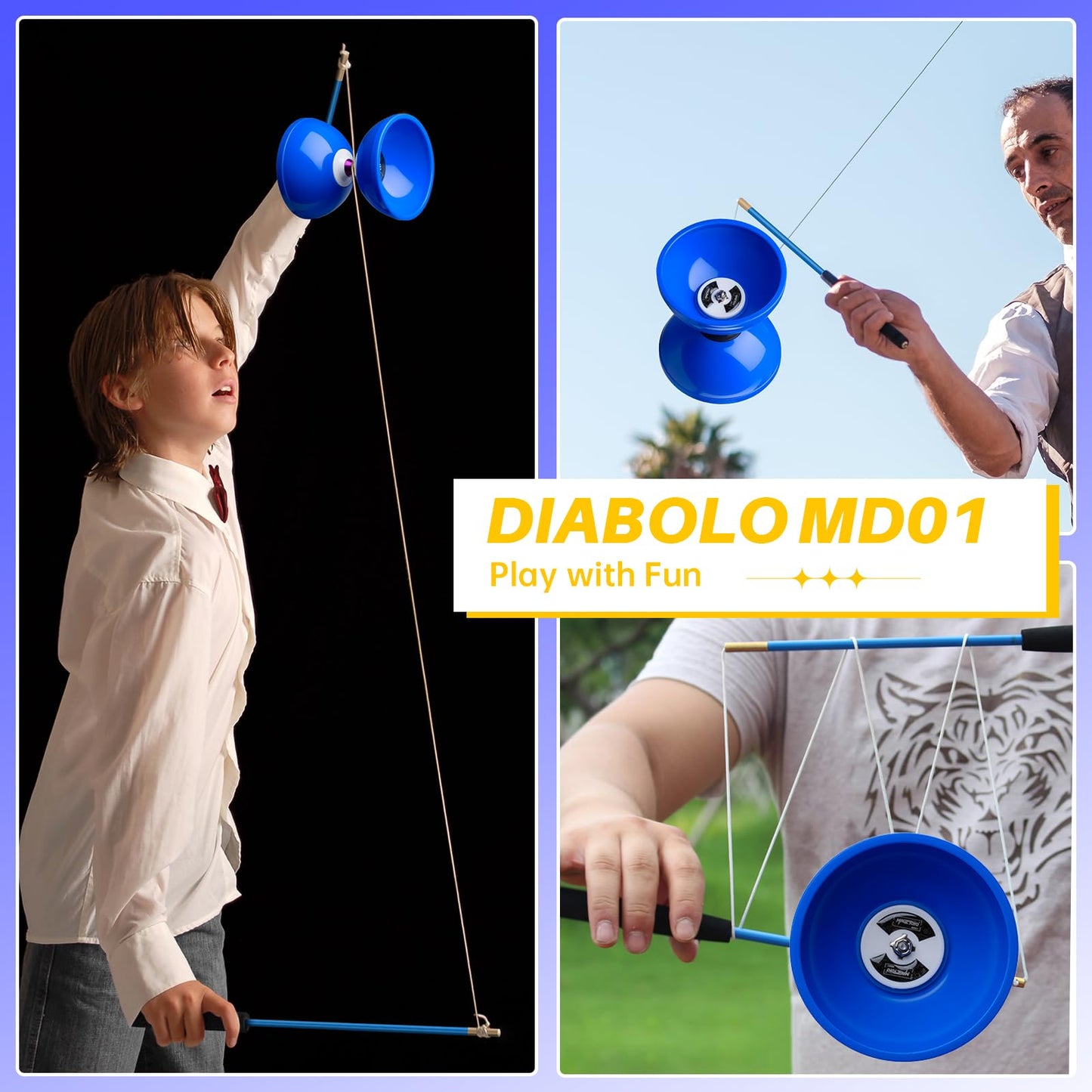 MAGICYOYO Pro Triple Bearing Diabolo - Blue 5-inch with Carbon Sticks, Extra Strings & Net Bag