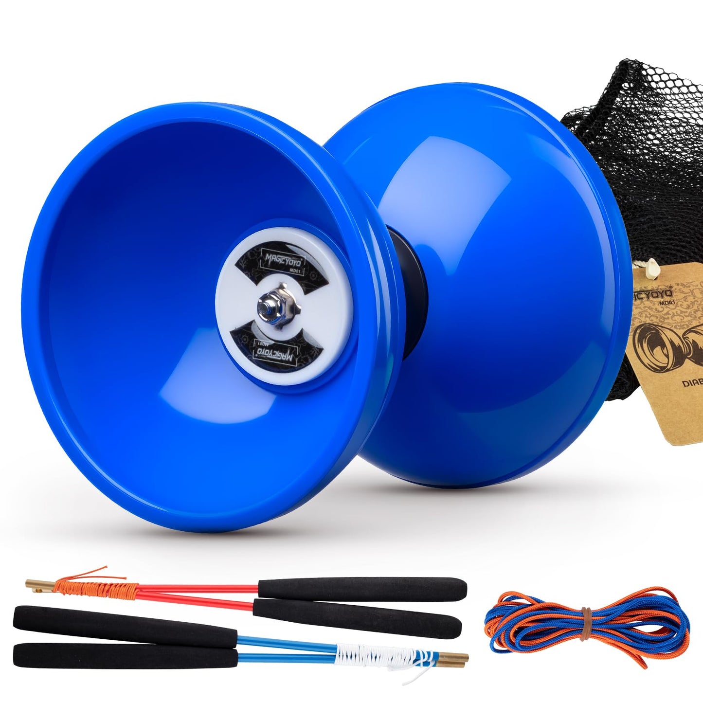 MAGICYOYO Pro Triple Bearing Diabolo - Blue 5-inch with Carbon Sticks, Extra Strings & Net Bag