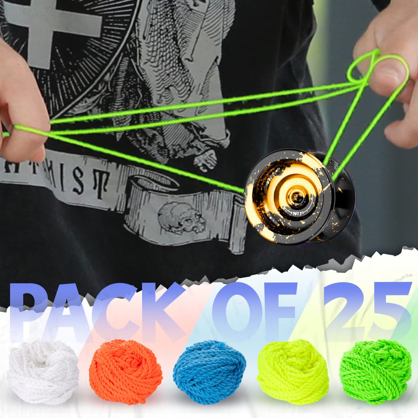 MAGICYOYO 100% Polyester Yoyo Strings – 25 Pack (Blue, Green, White, Yellow, Orange)
