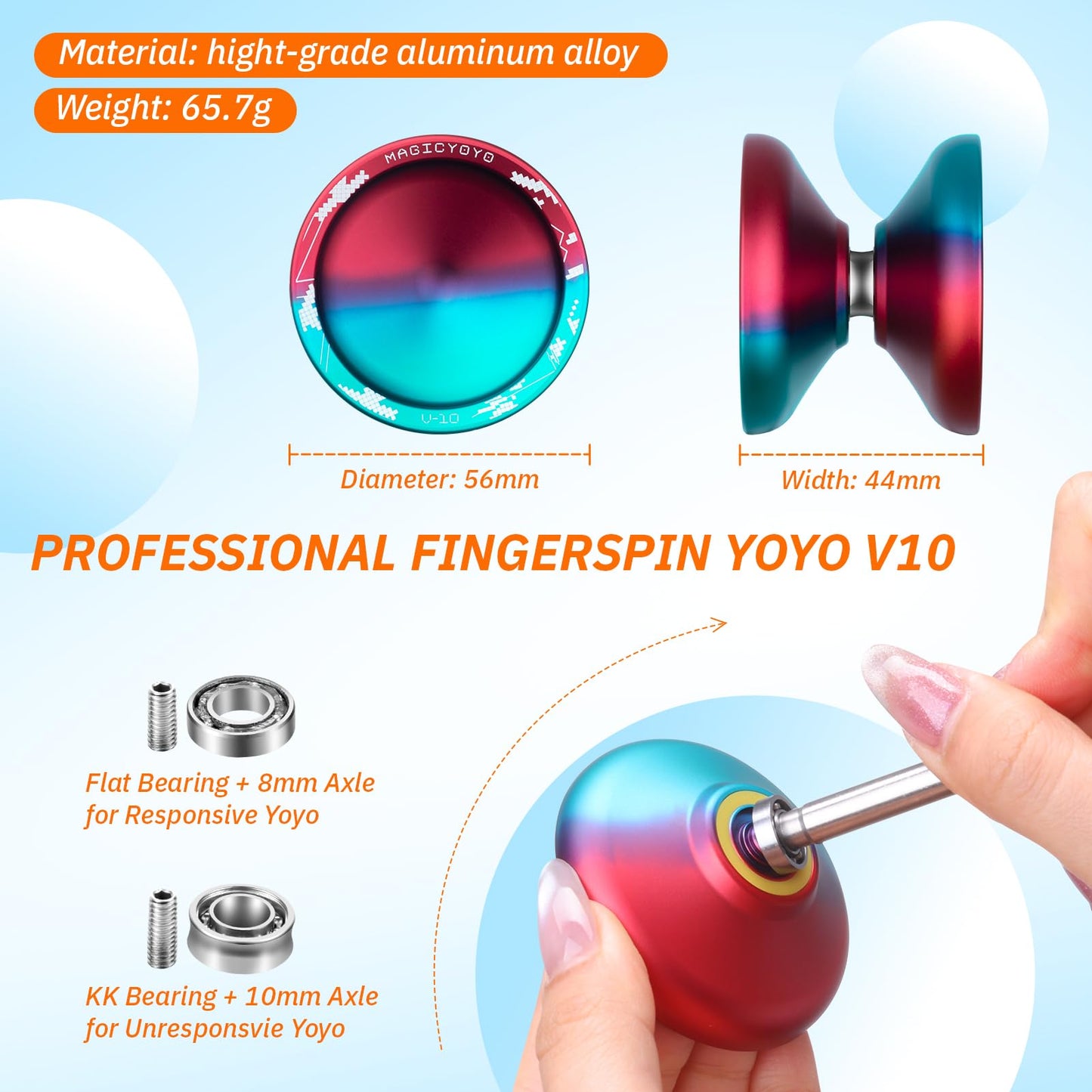 MAGICYOYO V10 Dual-Mode Finger Spin Yoyo – Professional Metal Yoyo with Case, Glove & 12 Strings (Blue/Red)