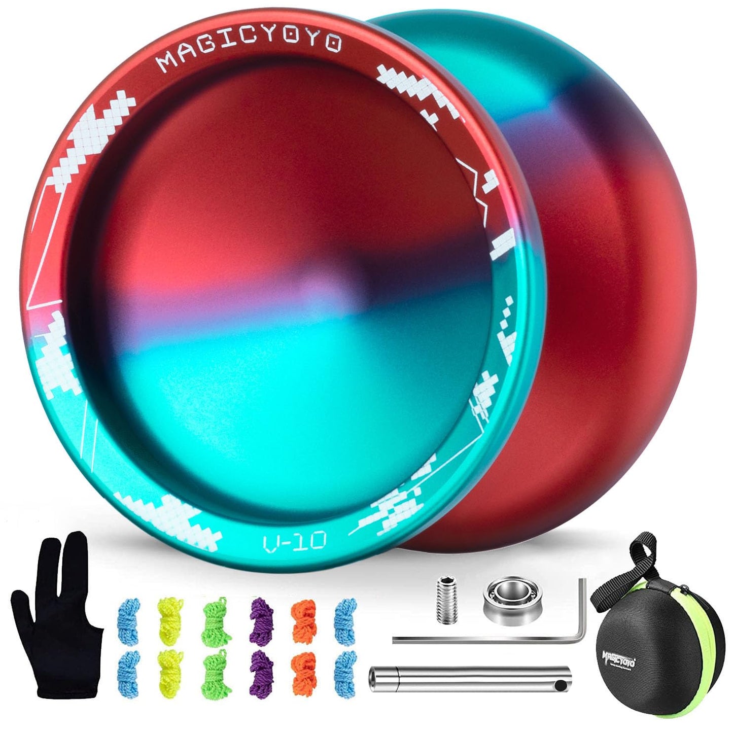 MAGICYOYO V10 Dual-Mode Finger Spin Yoyo – Professional Metal Yoyo with Case, Glove & 12 Strings (Blue/Red)