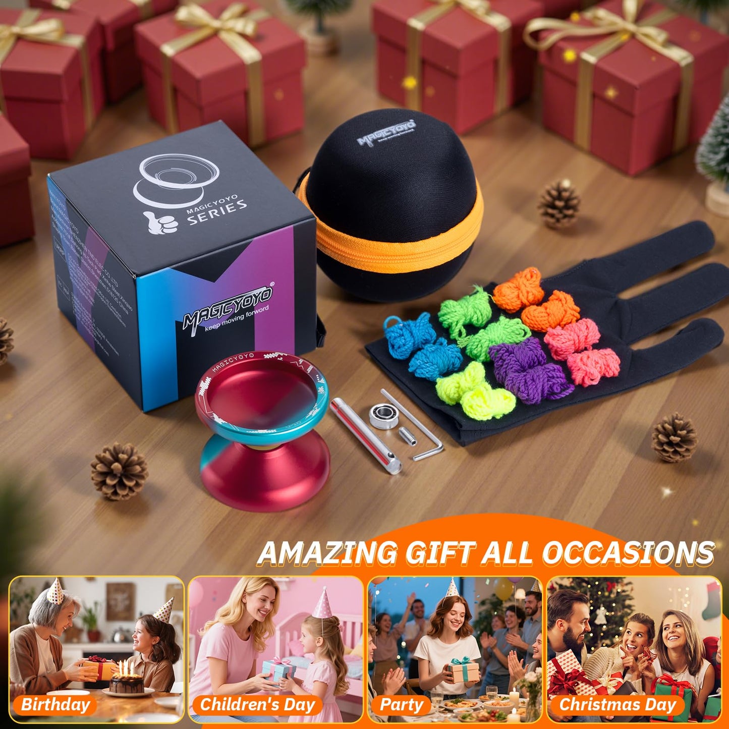 MAGICYOYO V10 Dual-Mode Finger Spin Yoyo – Professional Metal Yoyo with Case, Glove & 12 Strings (Blue/Red)