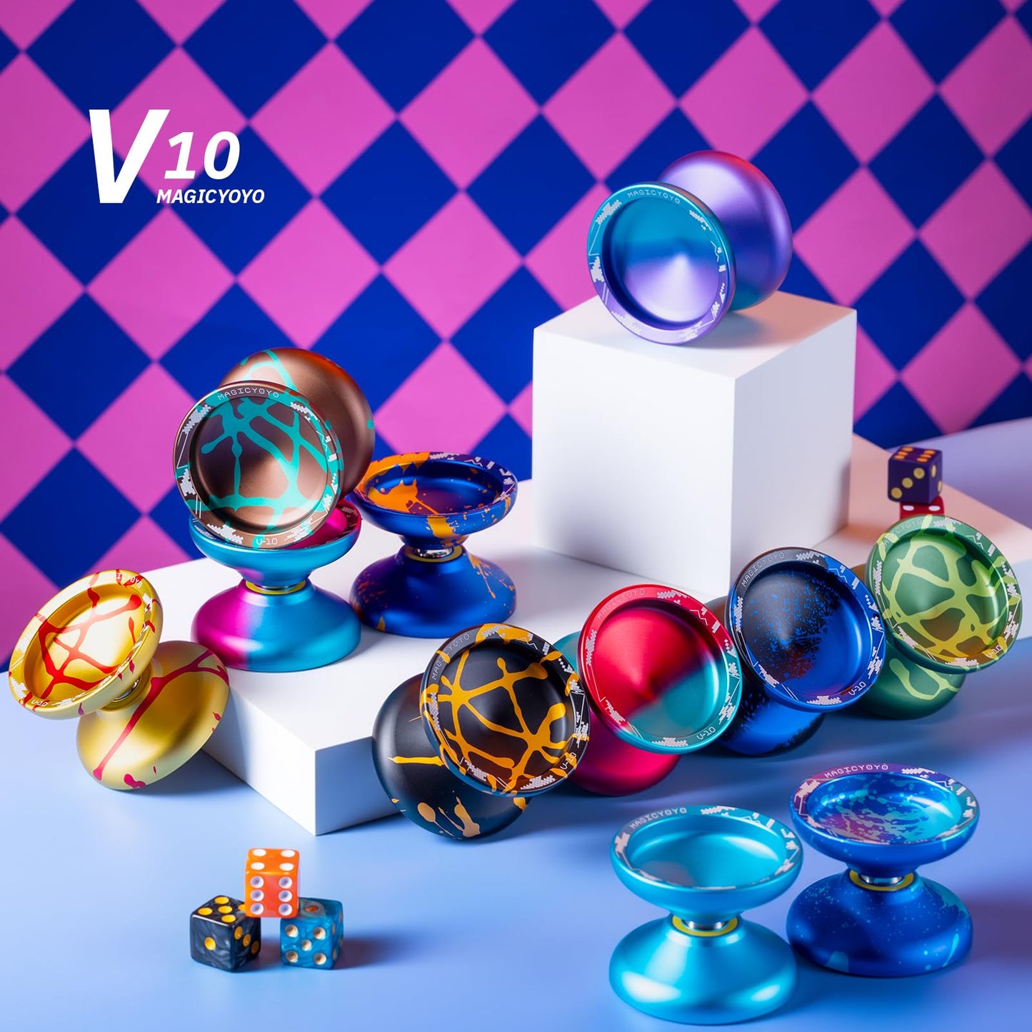 MAGICYOYO V10 Dual-Mode Finger Spin Yoyo – Professional Metal Yoyo with Case, Glove & 12 Strings (Blue/Red)