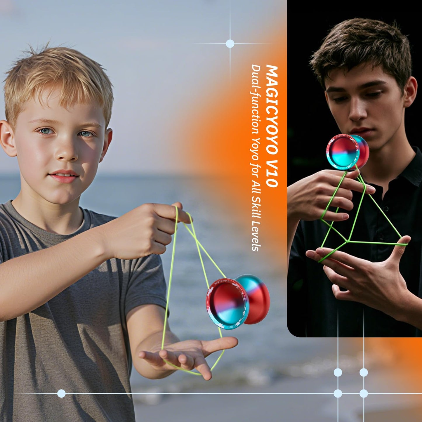 MAGICYOYO V10 Dual-Mode Finger Spin Yoyo – Professional Metal Yoyo with Case, Glove & 12 Strings (Blue/Red)