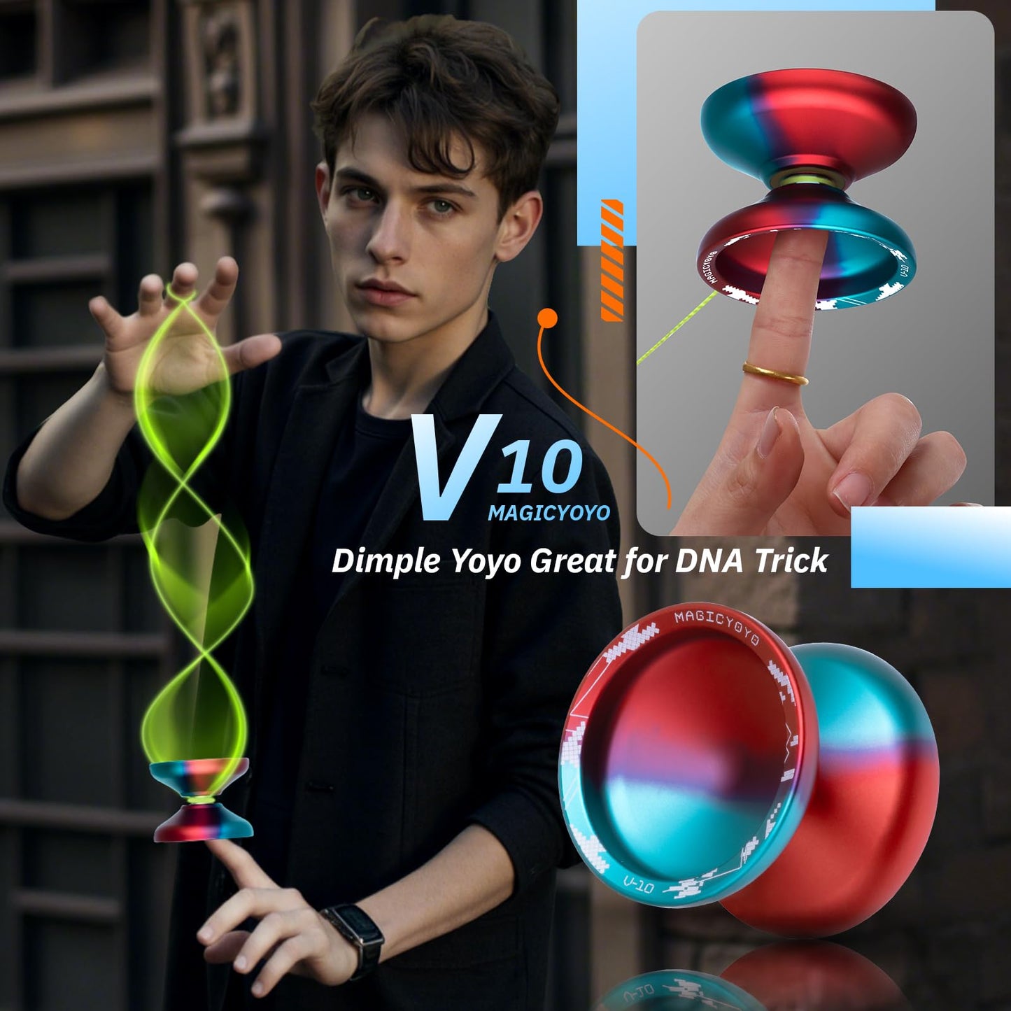 MAGICYOYO V10 Dual-Mode Finger Spin Yoyo – Professional Metal Yoyo with Case, Glove & 12 Strings (Blue/Red)